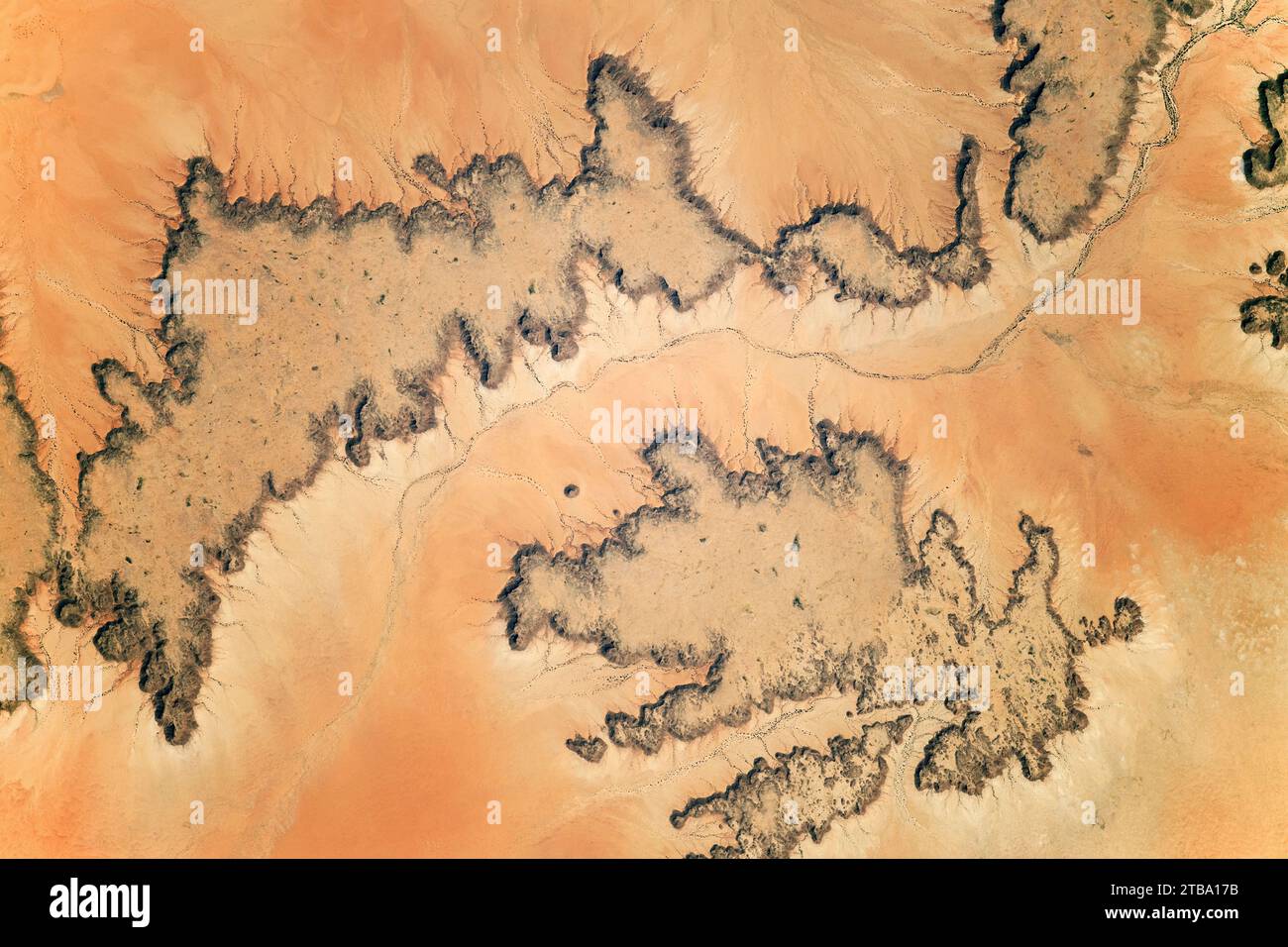 Vue de l'espace des mesas à sommet plat dans le désert du Sahara oriental au Soudan, en Afrique. Banque D'Images