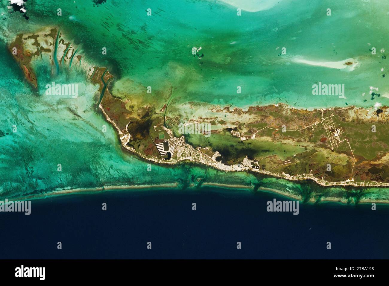 Ambergris Cay, Belize, photographié depuis la Station spatiale internationale. Banque D'Images