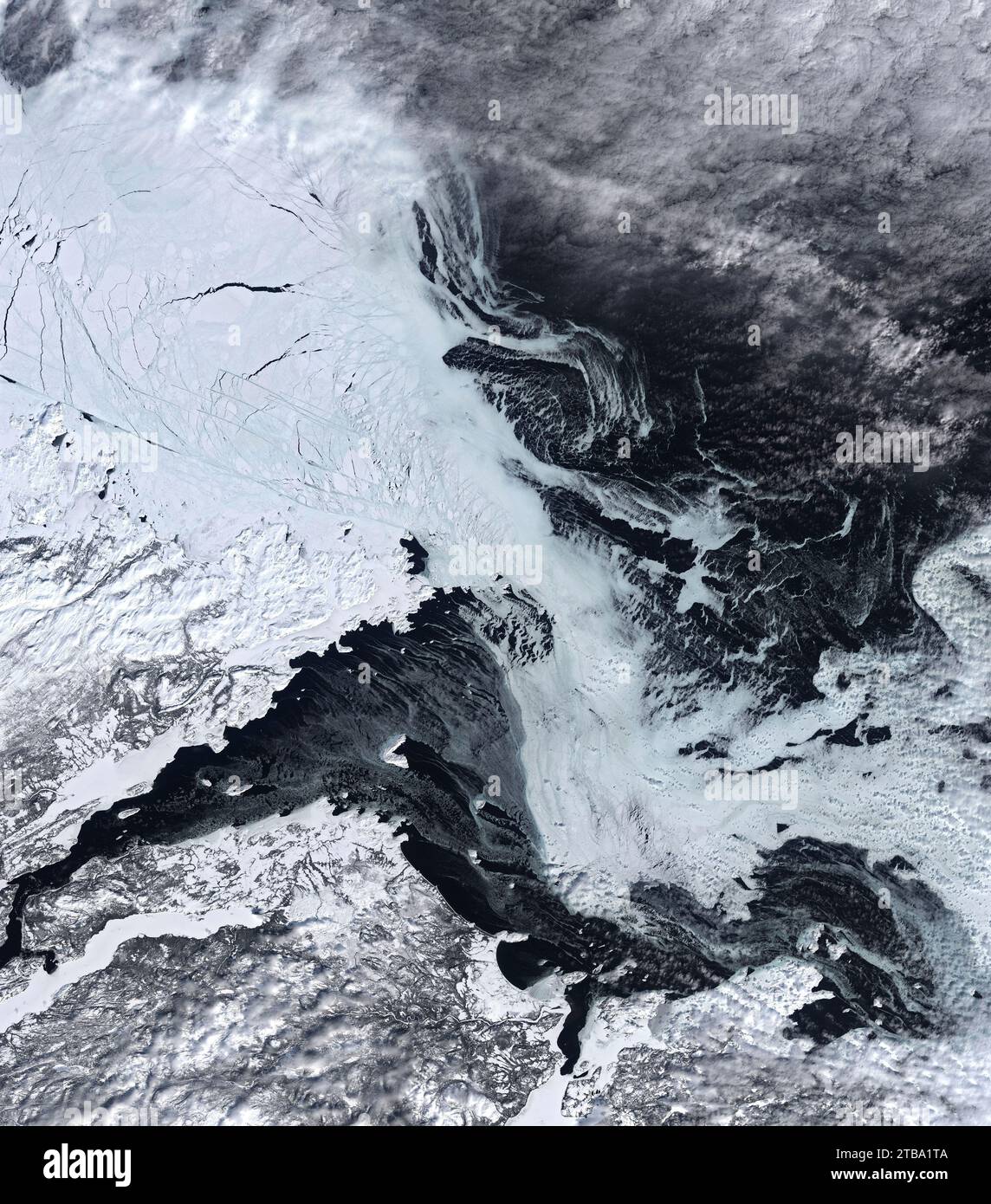 Vue satellite couleur naturelle de la glace sur la mer du Labrador. Banque D'Images