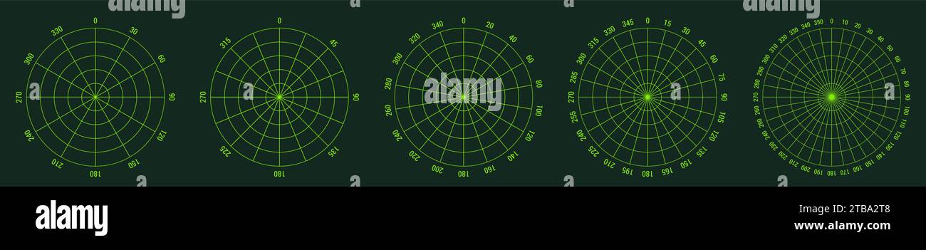 Écran radar vert simple - cercle divisé en plusieurs secteurs, version avec 12, 16, 18, 24 et 36 segments, lecture du numéro d'angle proche Illustration de Vecteur