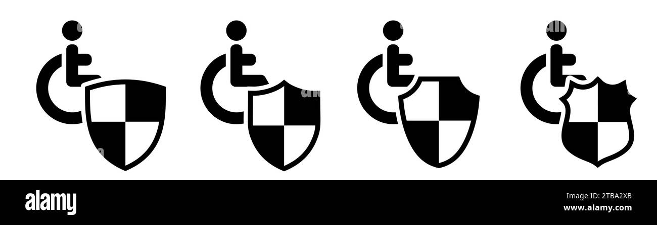 Icône handicapé - silhouette de personne en fauteuil roulant - derrière le bouclier, différentes versions. Concept de protection des handicapés Illustration de Vecteur