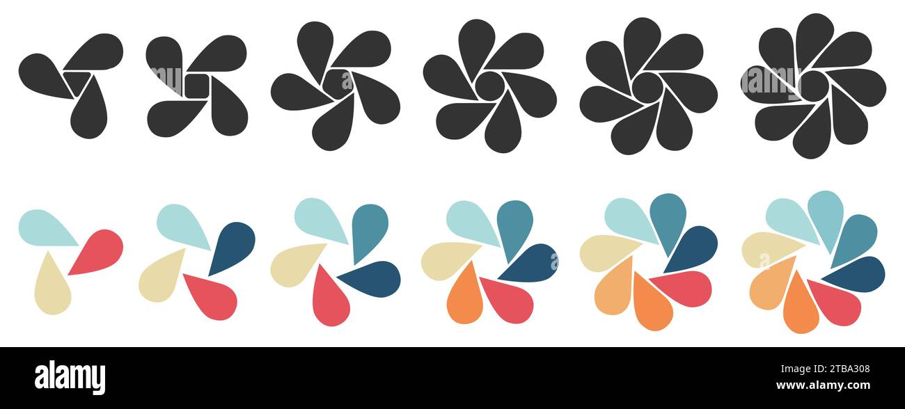 Gouttes d'eau ou feuilles en forme d'objet formant fleur de cercle, version avec trois à huit pétales - peut être utilisé comme élément infographique Illustration de Vecteur