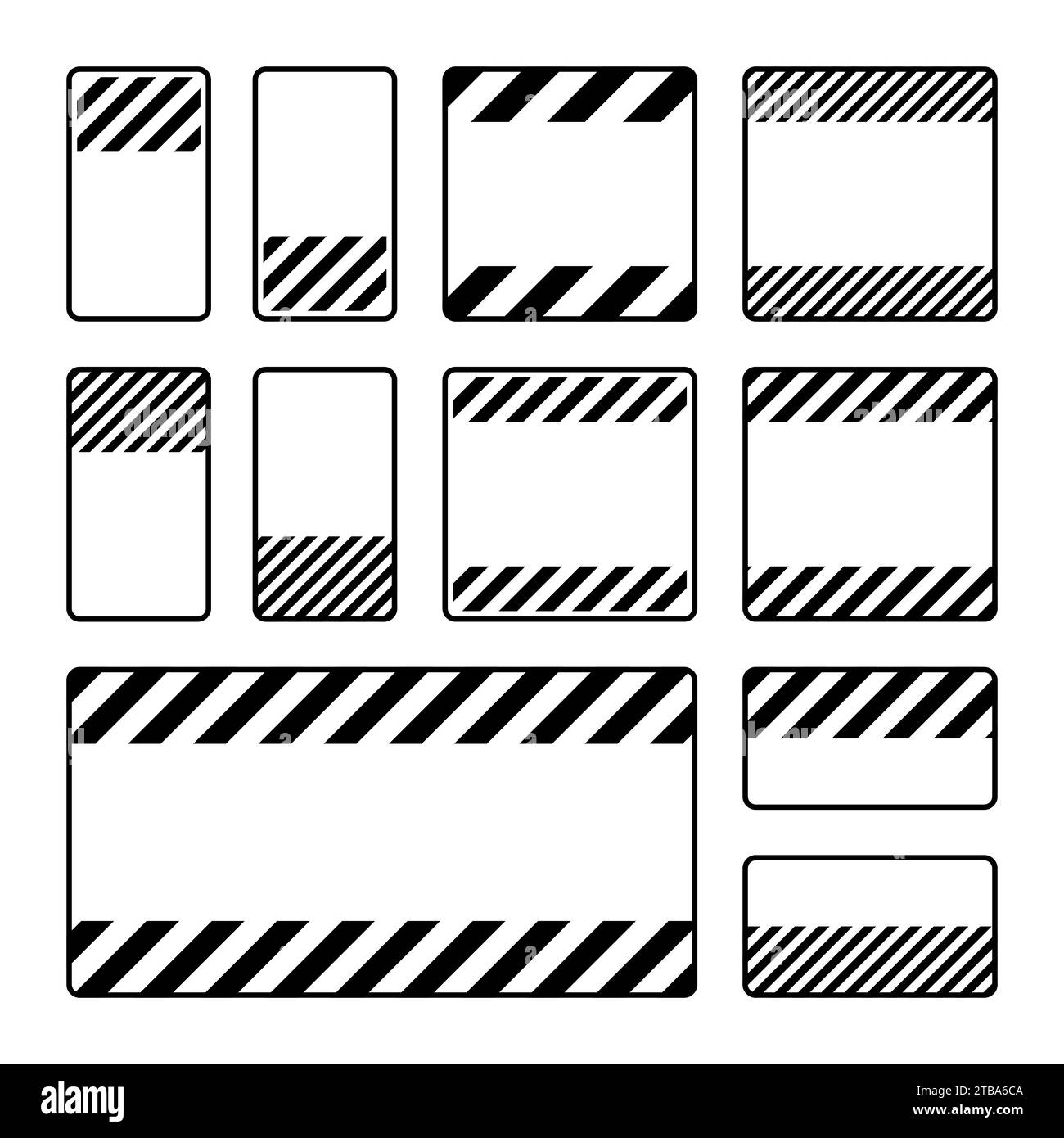 Divers panneaux d'avertissement noirs vierges avec lignes diagonales. Panneau attention, danger ou attention, signalisation du chantier. Panneau de signalisation réaliste Illustration de Vecteur