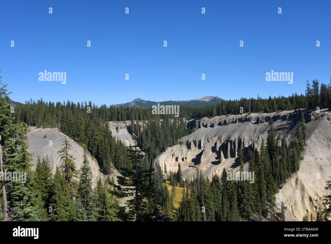 Vue sur le paysage de Pinnacles Overlook dans le parc national de Crater Lake. L'érosion a formé des cheminées, appelées fumeroles fossiles, décorent la face de la falaise. Banque D'Images