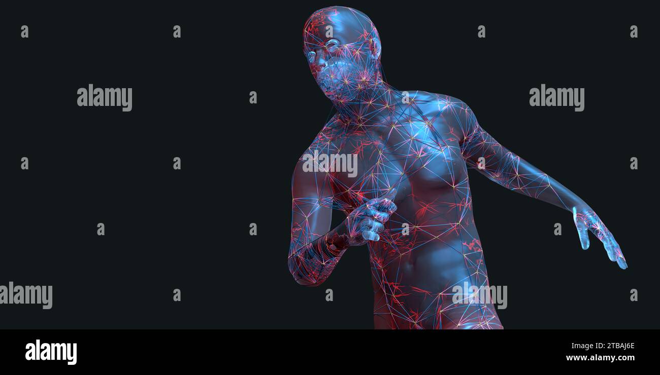 Corps humain transparent en mouvement avec des connexions internes pour illustrer les impulsions de mouvement et les voies nerveuses - illustration 3D. Banque D'Images