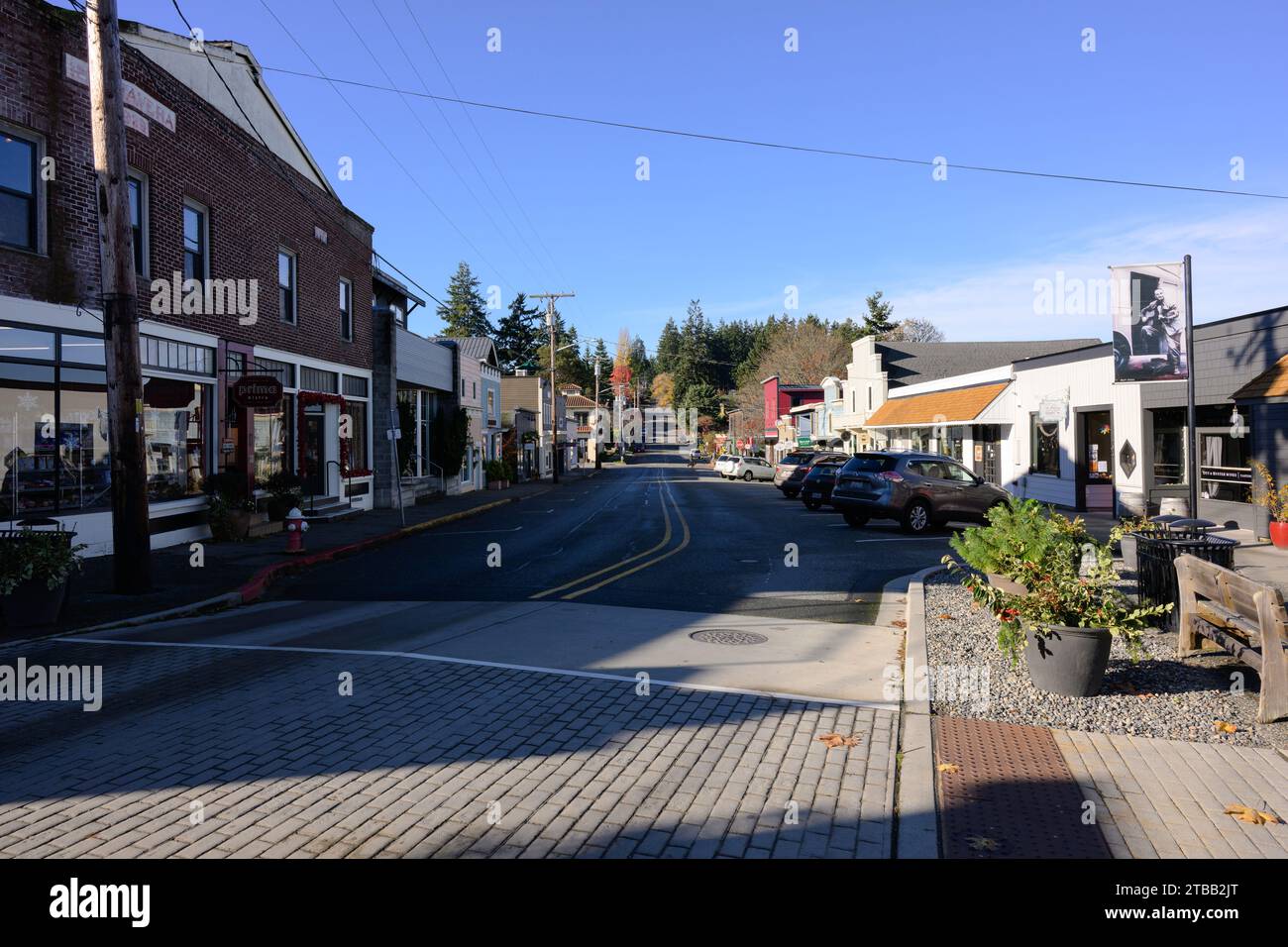 Langley, WA, États-Unis - 14 novembre 2023 ; vue du paysage urbain le long de la 1e rue dans le centre-ville de Langley sur Whidbewy Island Banque D'Images