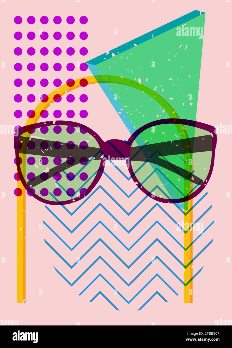 Lunettes risographiques et formes géométriques. Objet de lunettes dans la conception graphique riso tendance avec des éléments géométriques. Illustration de Vecteur