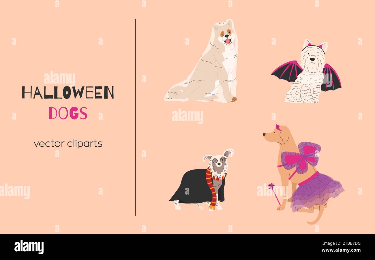 Chiens dans différents costumes d'Halloween. Fantôme, chauve-souris, fée et étudiant. Bonne illustration vectorielle Halloween. Idéal pour les cartes de vacances, décorations, invitat Illustration de Vecteur