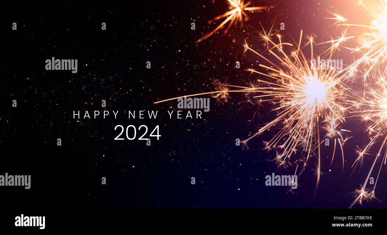 Bonne année 2024, carte de voeux de fond de fête de la Saint-Sylvestre - étincelant de feux d'artifice pour les célébrations du nouvel an, conception de bannière. Banque D'Images