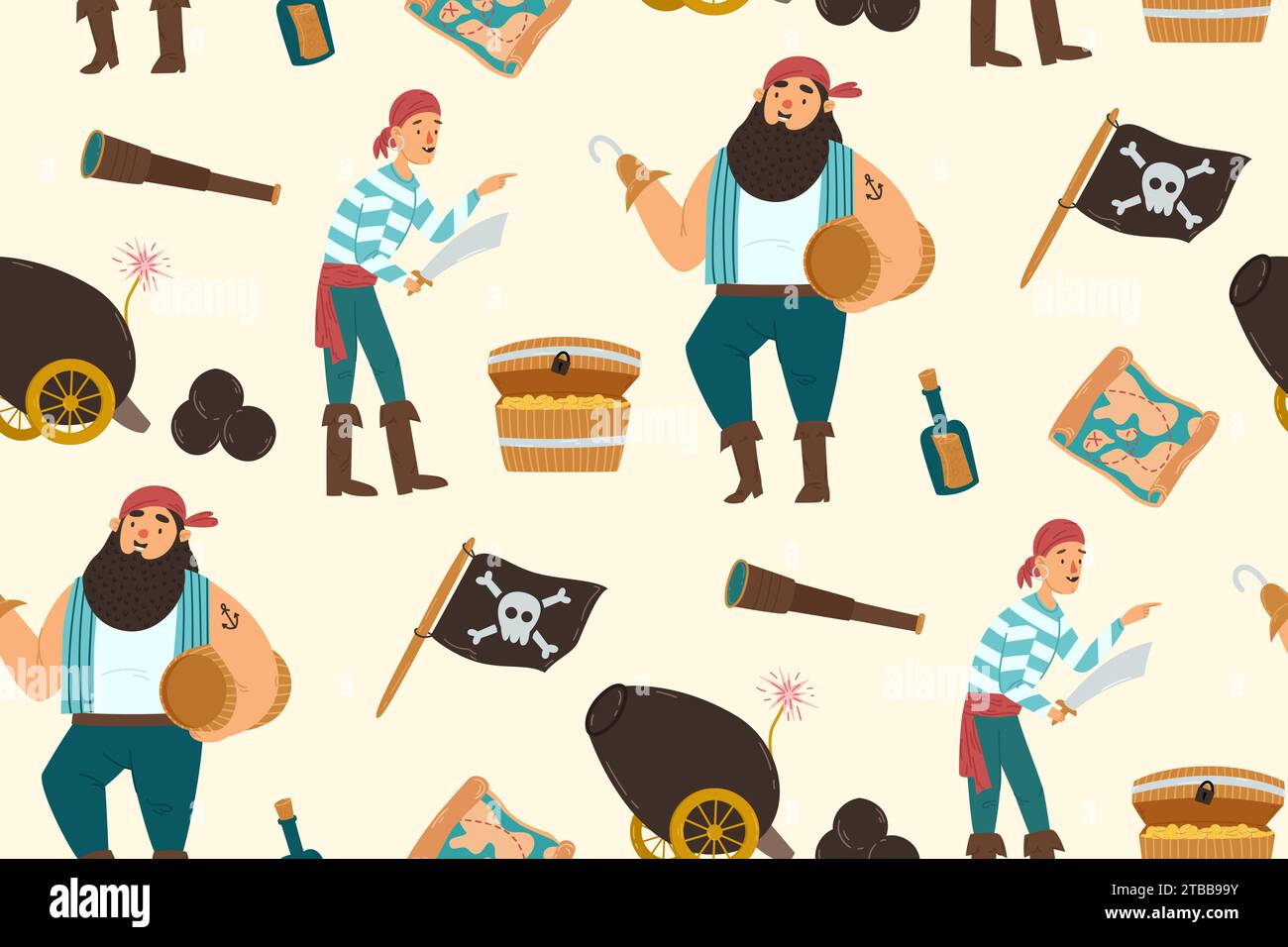 Modèle sans couture avec un pirate mignon, coffre au Trésor, canon, baril de rhum et crâne et drapeau en os croisés et un baril de rhum. Illustration vectorielle plate Illustration de Vecteur