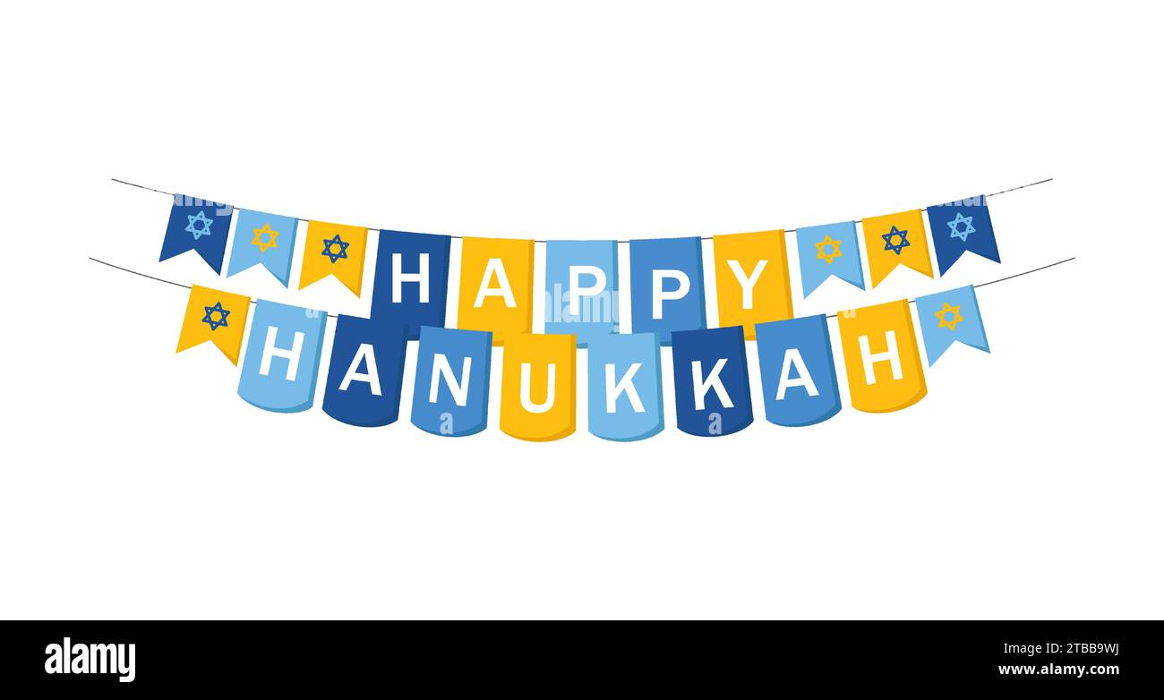 Joyeux lettrage Hanukkah avec drapeaux de banderole Illustration de Vecteur