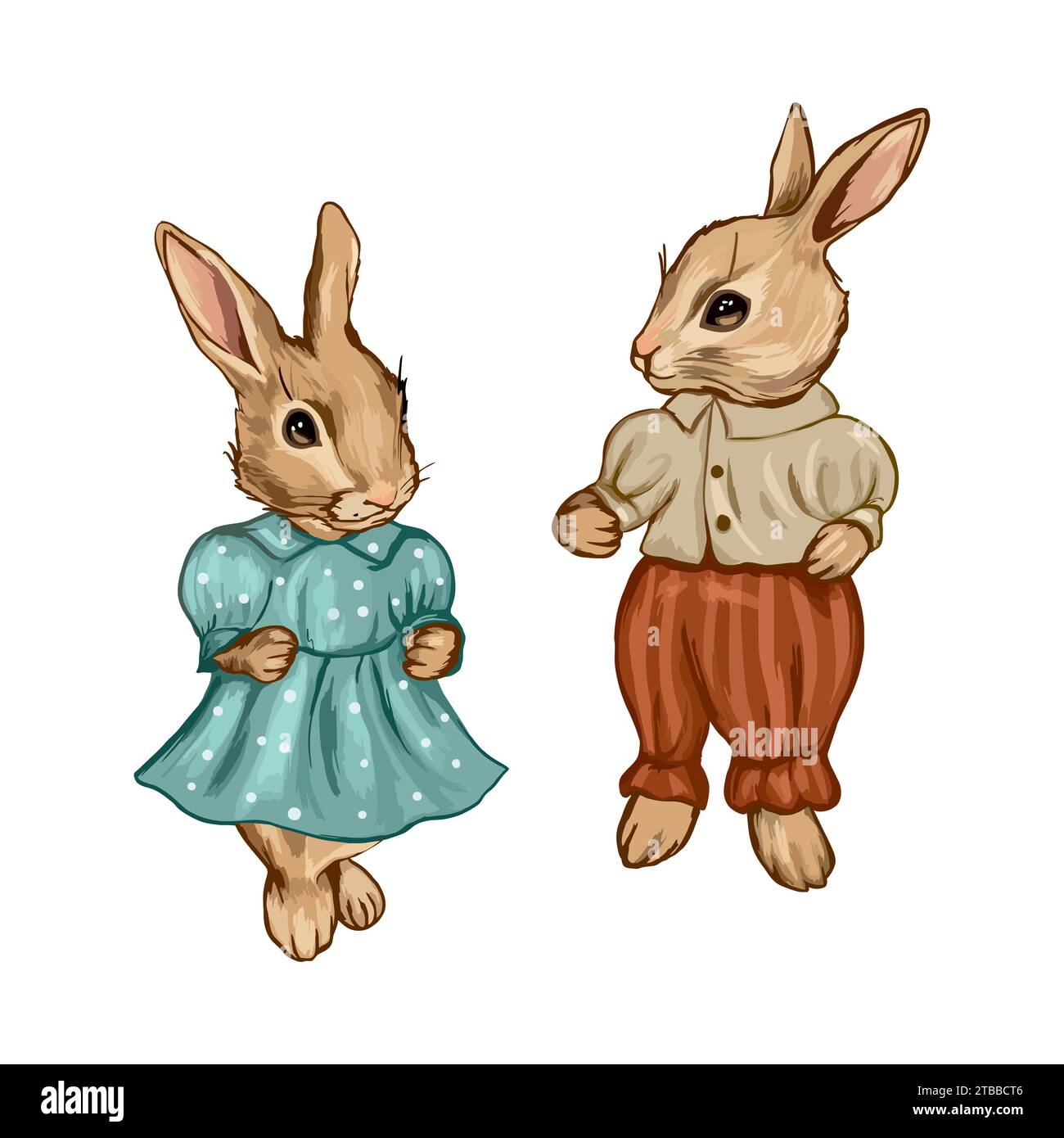 Deux lapins, un garçon lapin et une fille lapin. Illustration vectorielle pour les vacances de Pâques. Élément de conception pour cartes de vœux, invitations, couvertures, bannières. Illustration de Vecteur