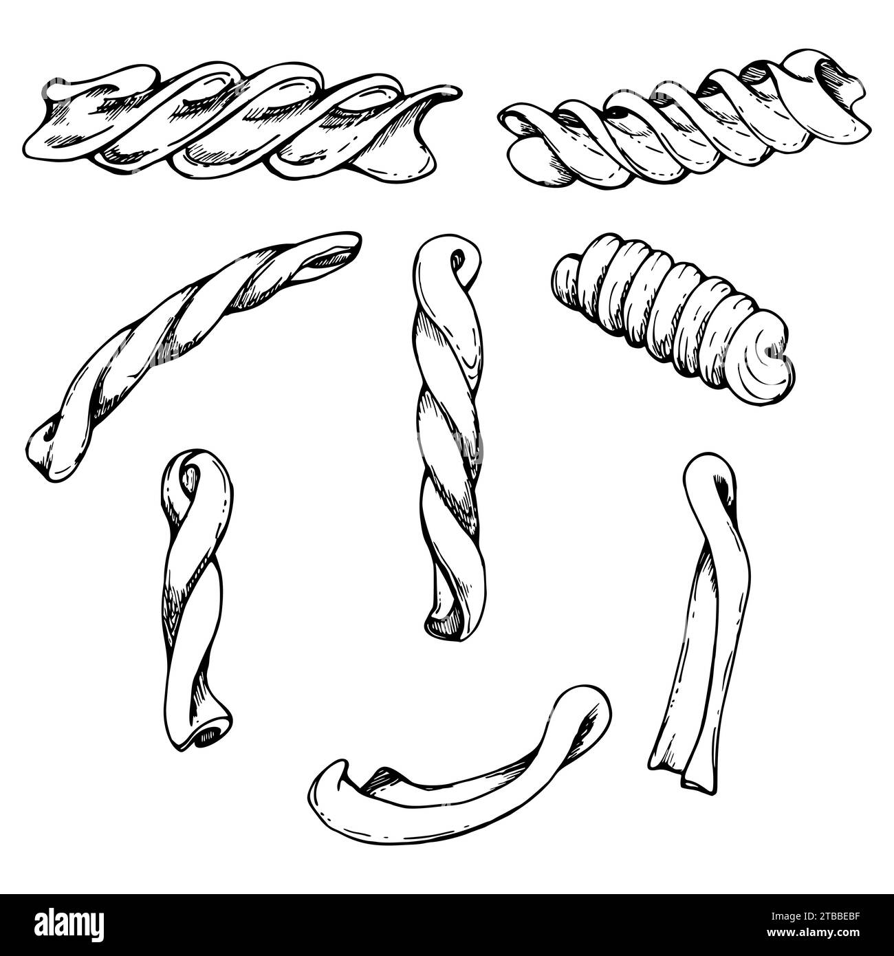 Illustration à l'encre vectorielle dessinée à la main. Pâtes cuisine italienne gemelli casarecce fusilli rotini,. Ensemble d'éléments d'objet unique isolés sur blanc. Pour Illustration de Vecteur