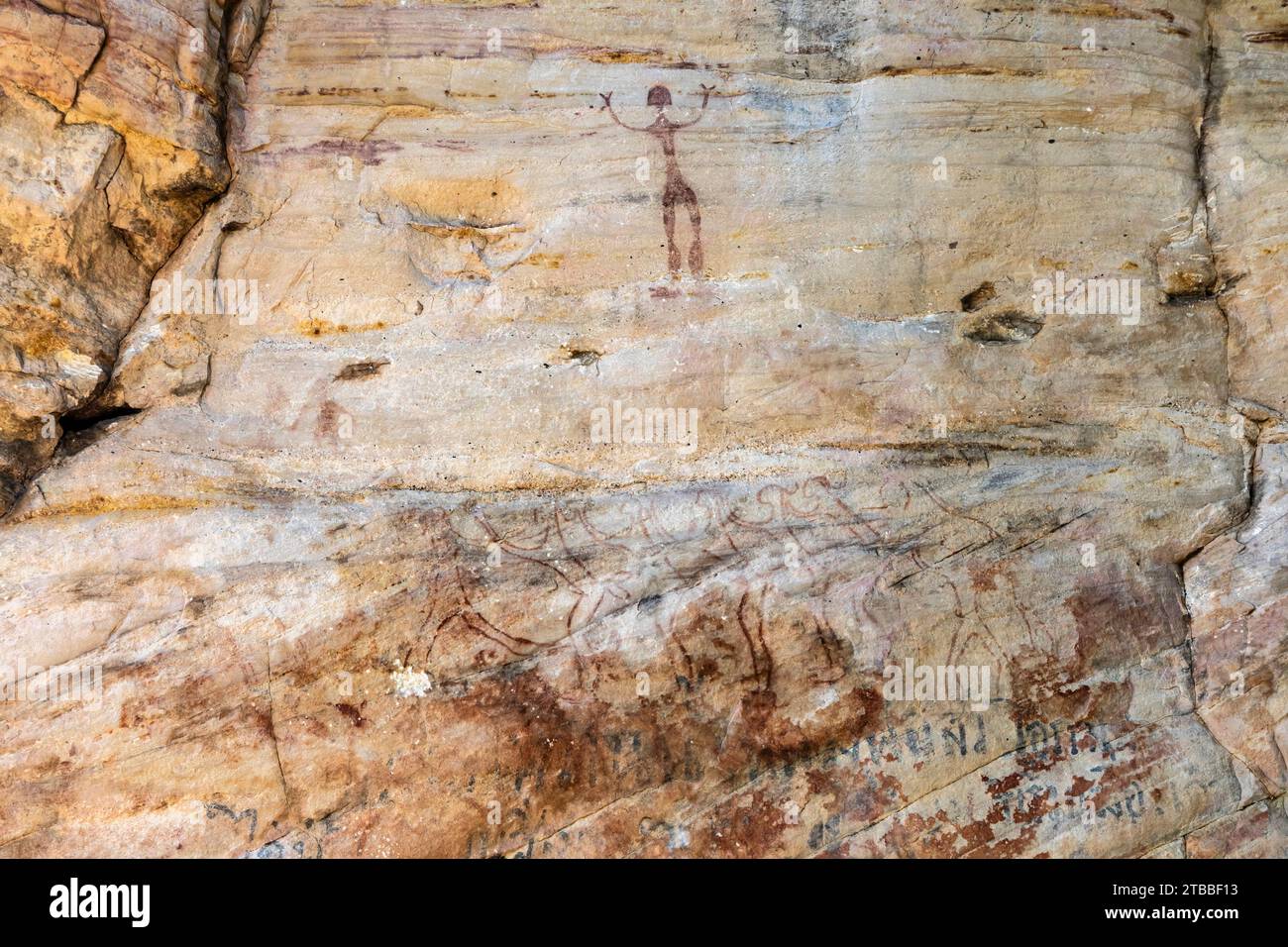 PHA Phak WAN, peintures rupestres préhistoriques à énorme rocher, district de Song Dao, Sakon Nakhon, Isan, Thaïlande, Asie du Sud-est, Asie Banque D'Images