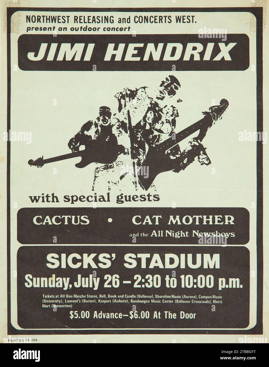 Jimi Hendrix 1970 - Sicks' Stadium, Seattle - bec de poing de concert de rock Banque D'Images