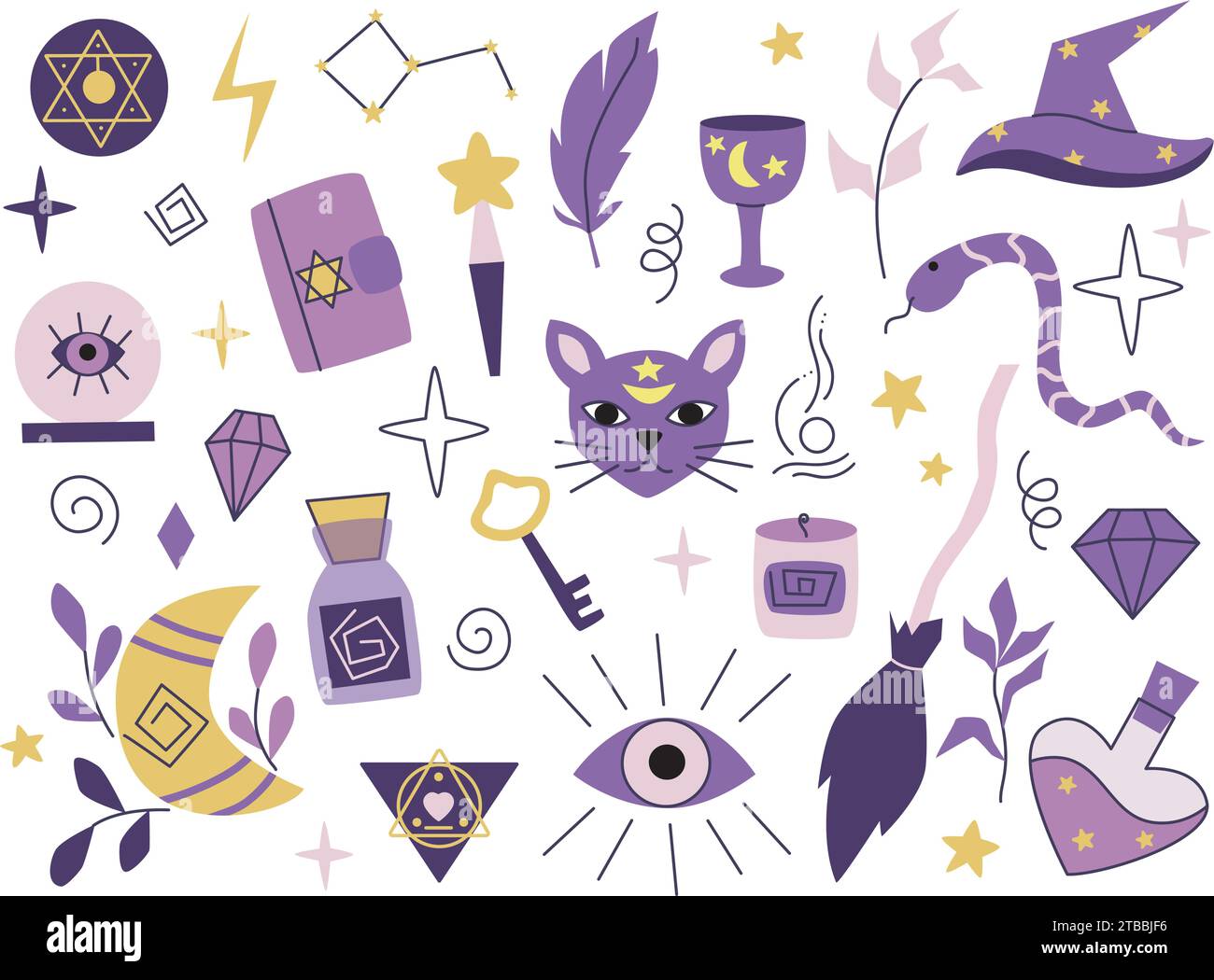 Ensemble dessiné à la main magique et sorcellerie. Attributs rituels et objets pour sorts et cultisme. Mignon collection clip art de dessin animé de sorcière ou sorcier. Illustration de Vecteur