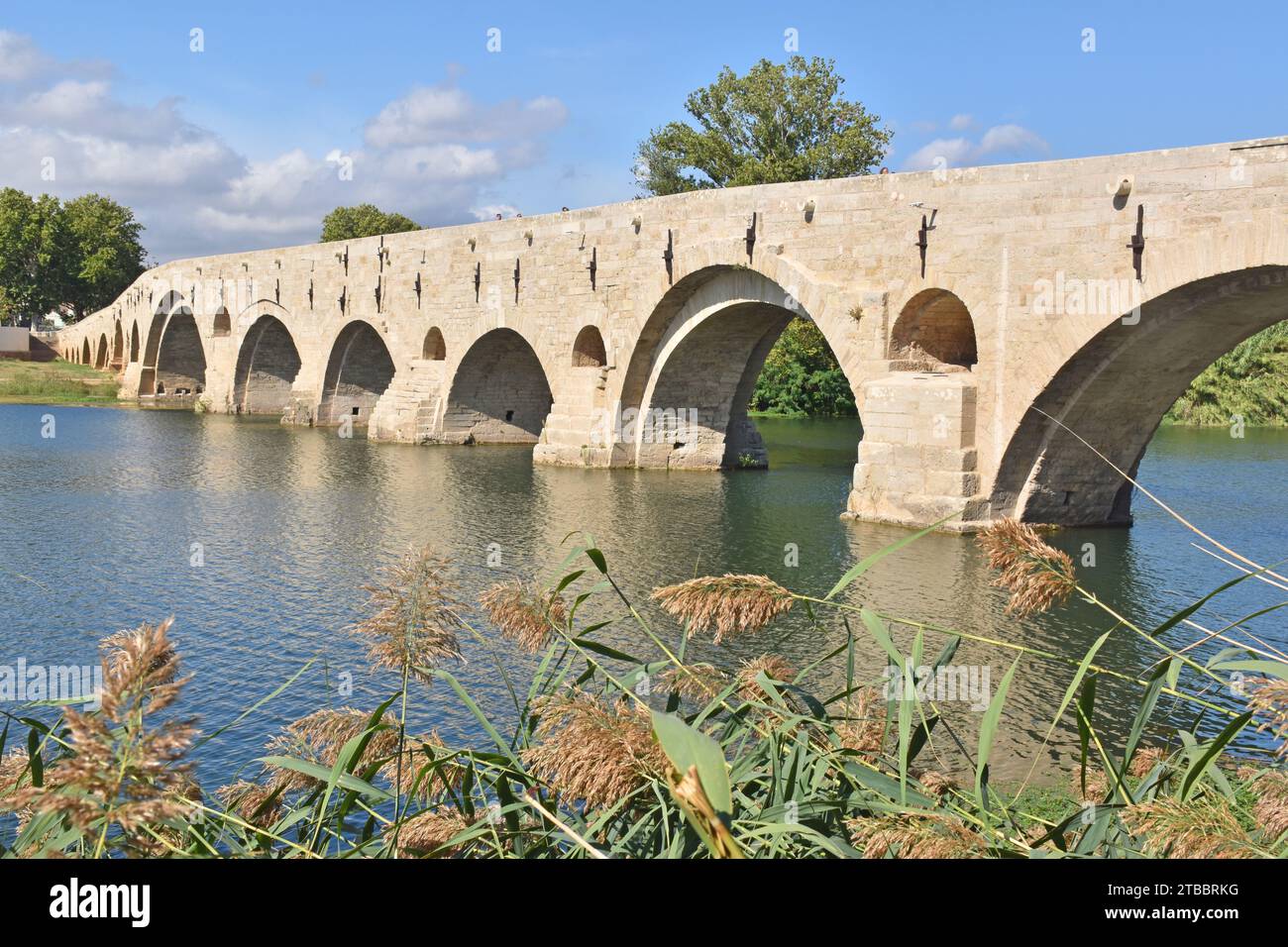 Le C11th Pont Vieux, Vieux Pont, à travers le R Orb et sa plaine inondable, sur le côté sud-ouest de la ville, quelques énormes-couts, plusieurs travées Banque D'Images