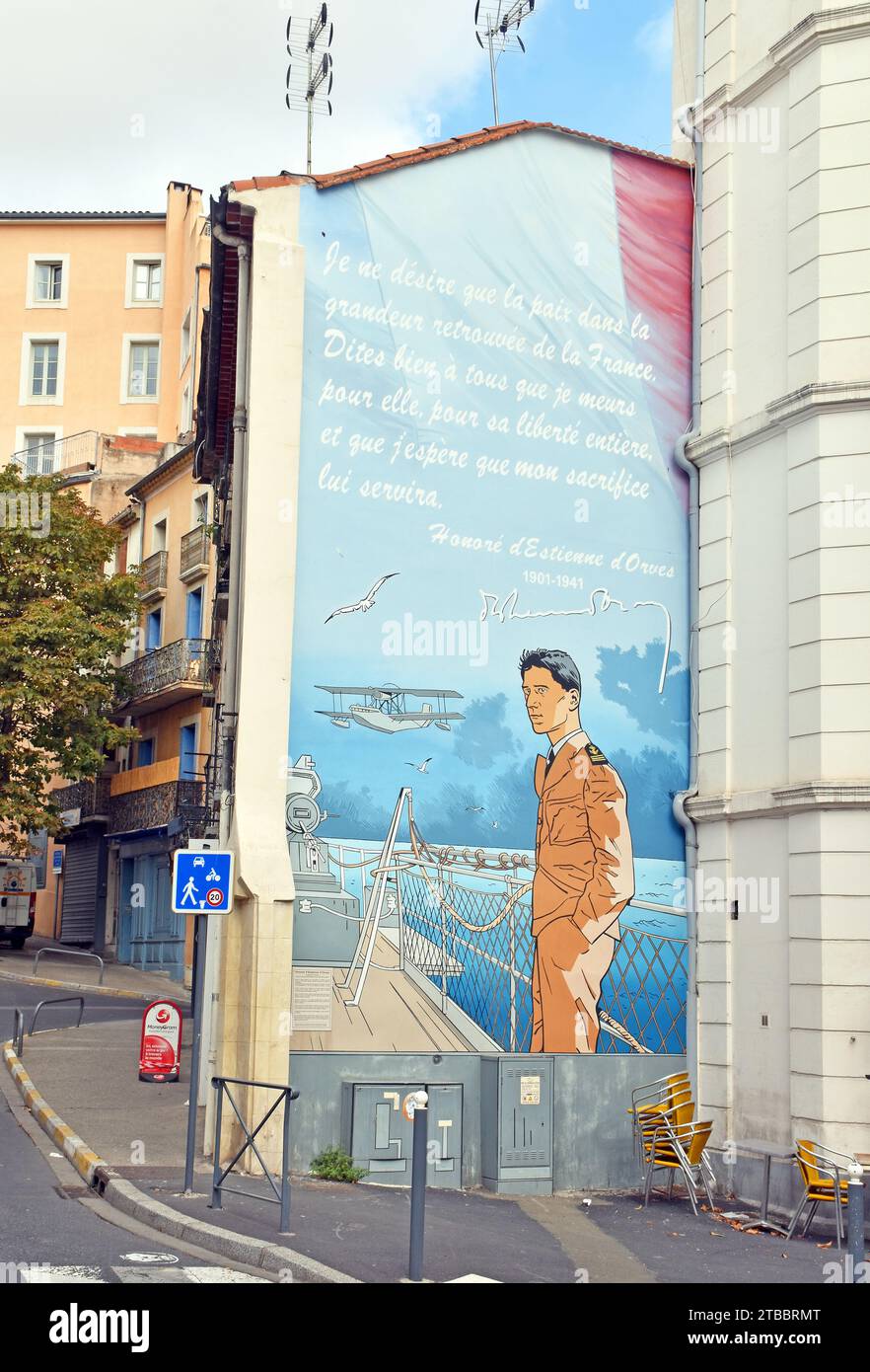Une peinture murale, un mémorial à Honoré d’Estienne d’Orves, officier de marine et chef de la résistance, et une partie d’une lettre écrite à la veille de son exécution Banque D'Images