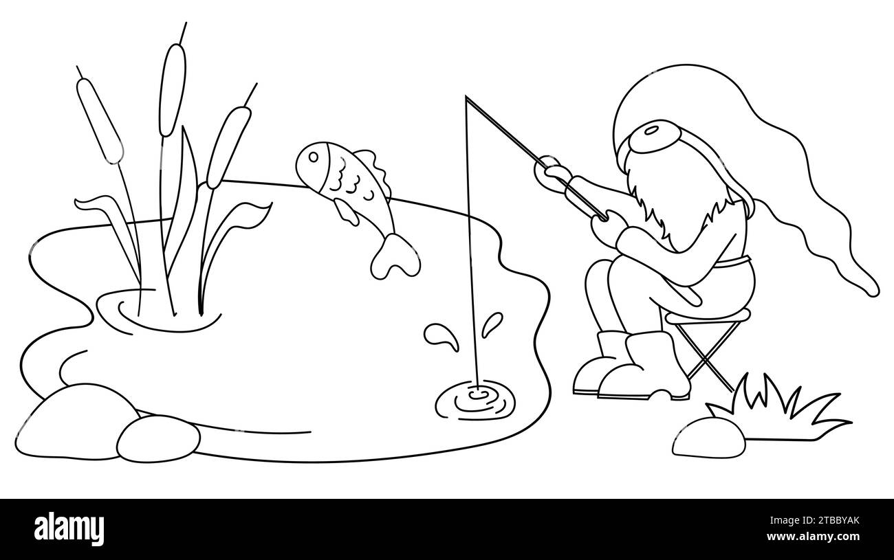 Coloriage pour les enfants : Joyeux Gnome attrape des poissons dans l'étang pour Une expérience amusante de livre de coloriage Illustration de Vecteur
