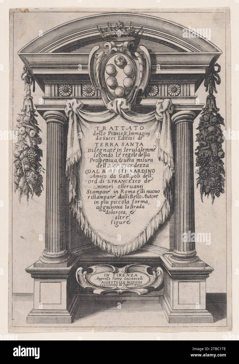 Frontispice, d'après Trattato delle Piante & Immagini de Sacri Edifizi di Terra Santa (Traité des plans et images des bâtiments sacrés de Terre Sainte) 1957 de Jacques Callot Banque D'Images