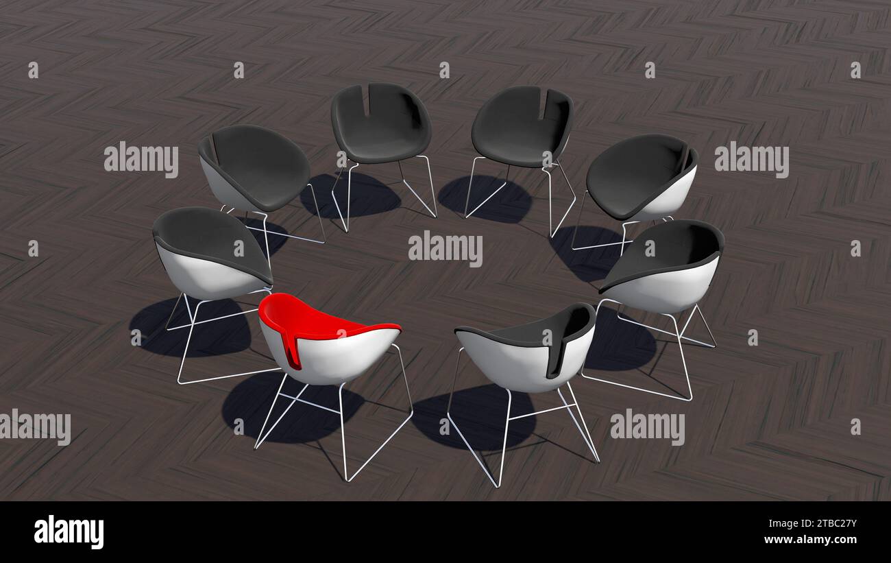 Chaise rouge conceptuelle se démarquant dans une réunion sur un fond de parquet. L'illustration 3D comme métaphore du leadership, de la vision et de la stratégie Banque D'Images