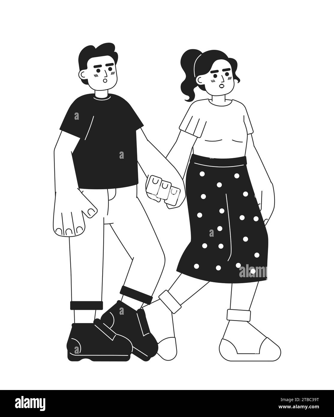 Mains de petite amie de petit ami du Moyen-Orient tenant des personnages de dessins animés en 2D noir et blanc Illustration de Vecteur