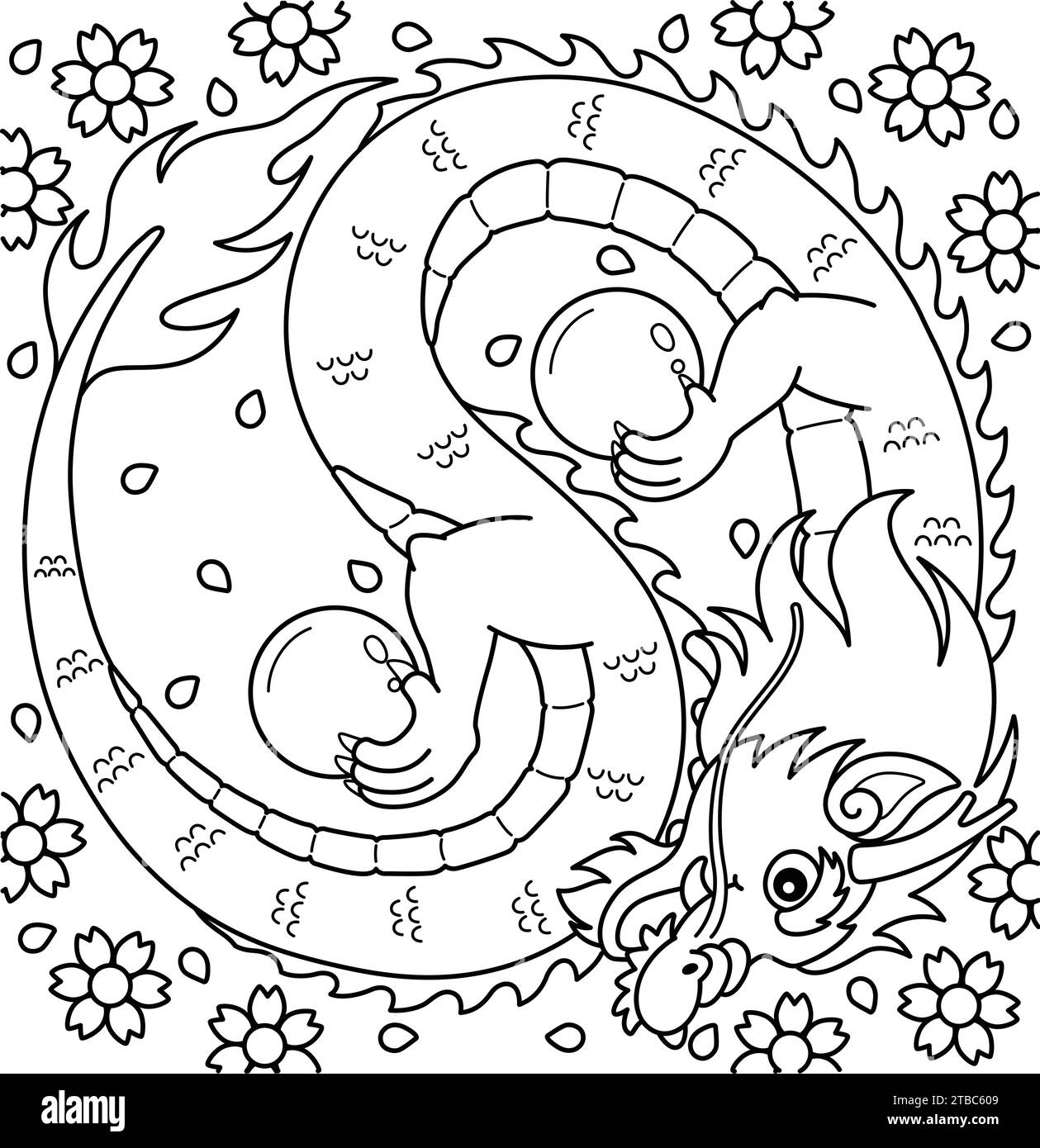 Année du Dragon Yin Yang Coloriage page pour les enfants Illustration de Vecteur