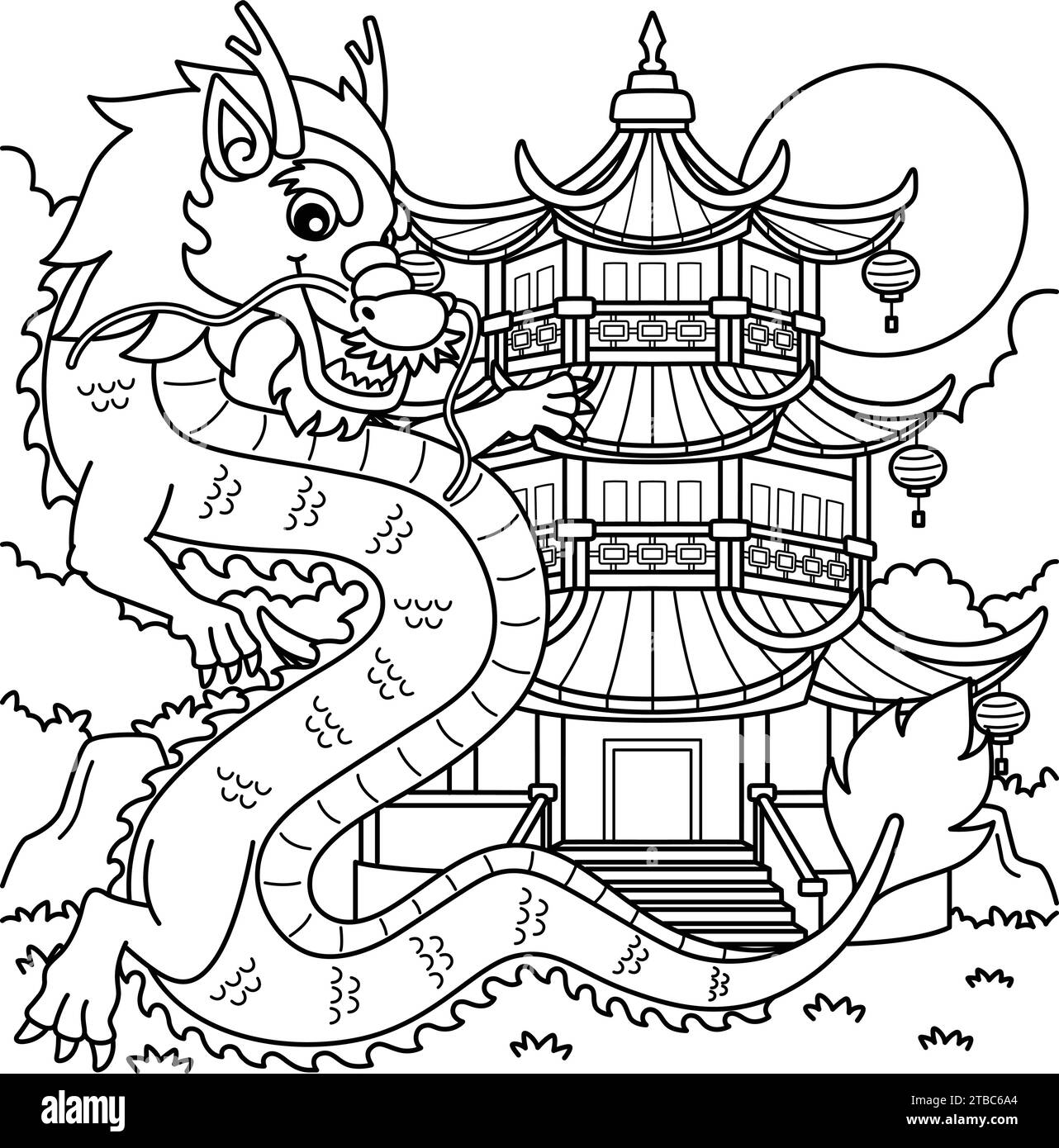 Année du Dragon avec page de coloriage de pagode Illustration de Vecteur