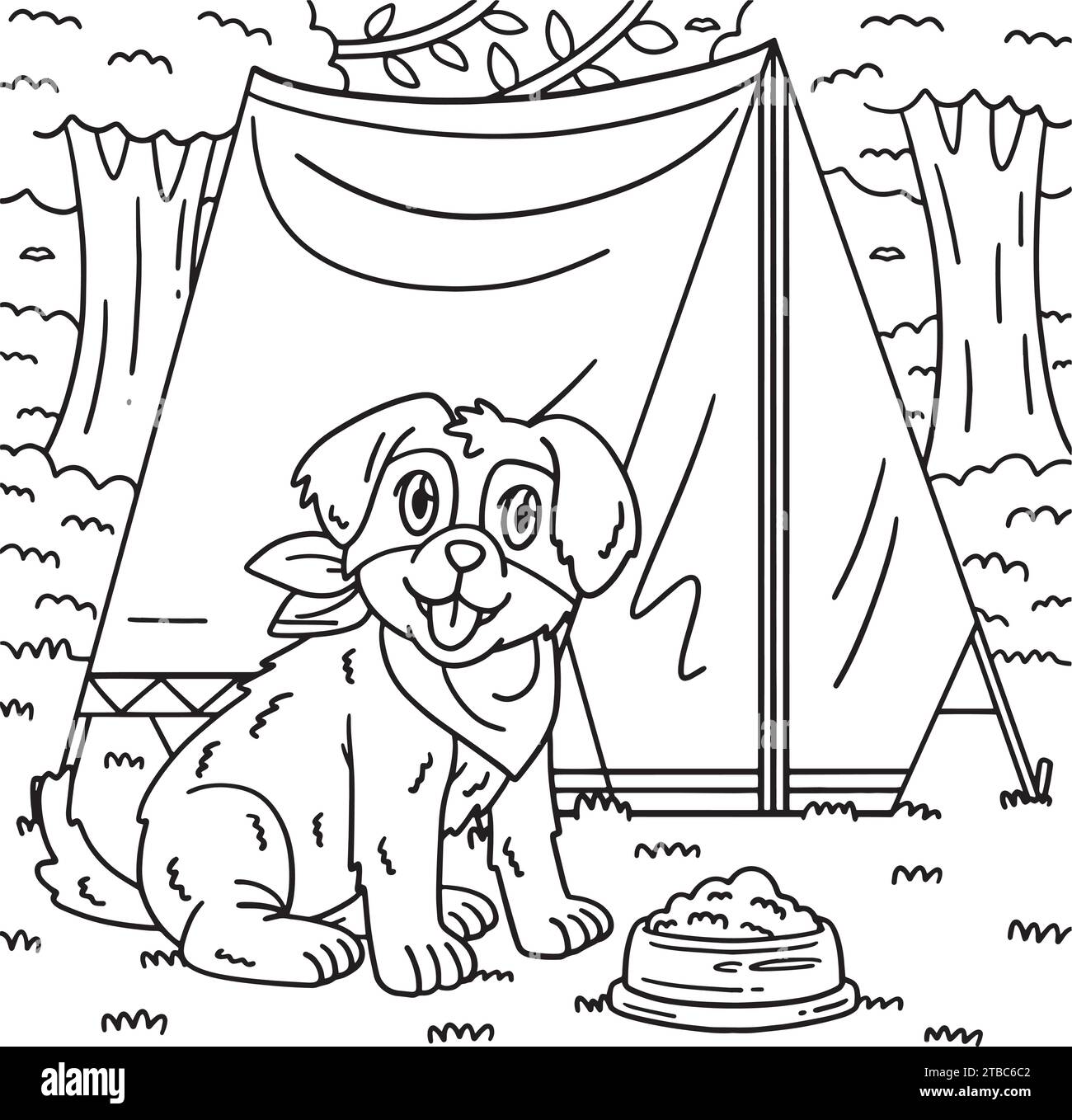 Chien de camping devant la page de coloriage de tente Illustration de Vecteur