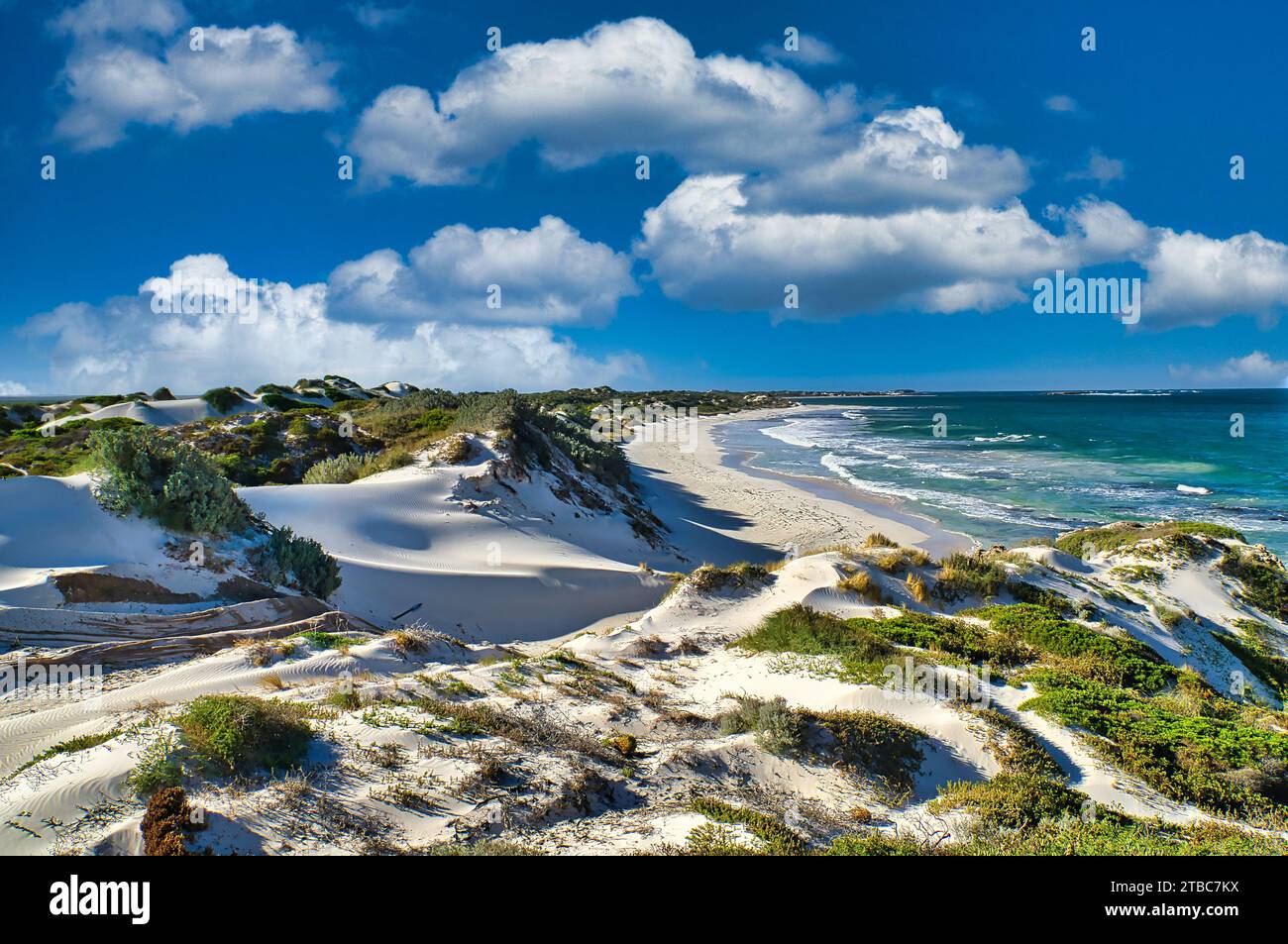 Paysage de dunes dans la paisible baie bleue de Jurien le long de la côte midwest de l'Australie occidentale. Banque D'Images