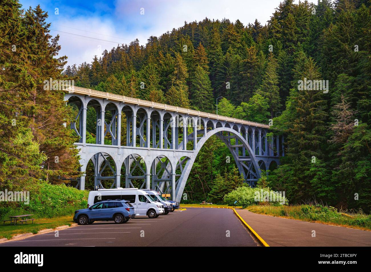Pont voûté sur l'Oregon Coast Highway près du phare de Heceta Head, Oregon Banque D'Images
