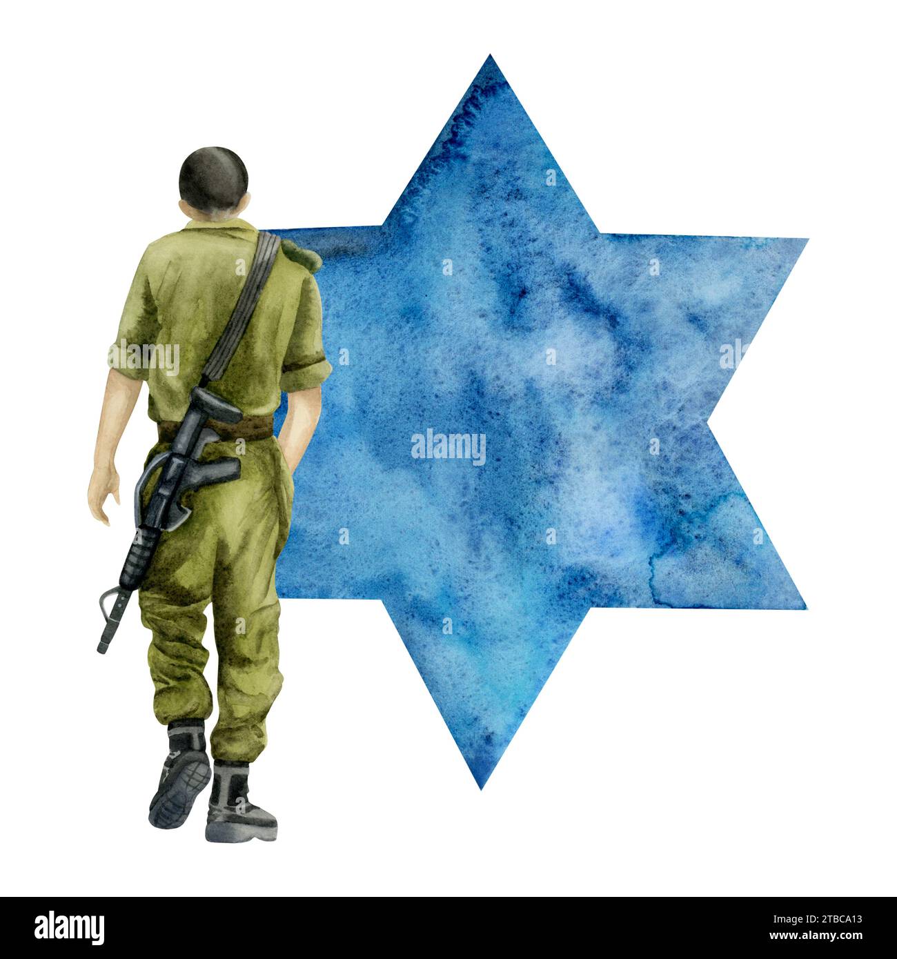 Soldat israélien avec riffle et étoile bleue de David illustration aquarelle. Journée commémorative juive, Yom Hazikaron Banque D'Images