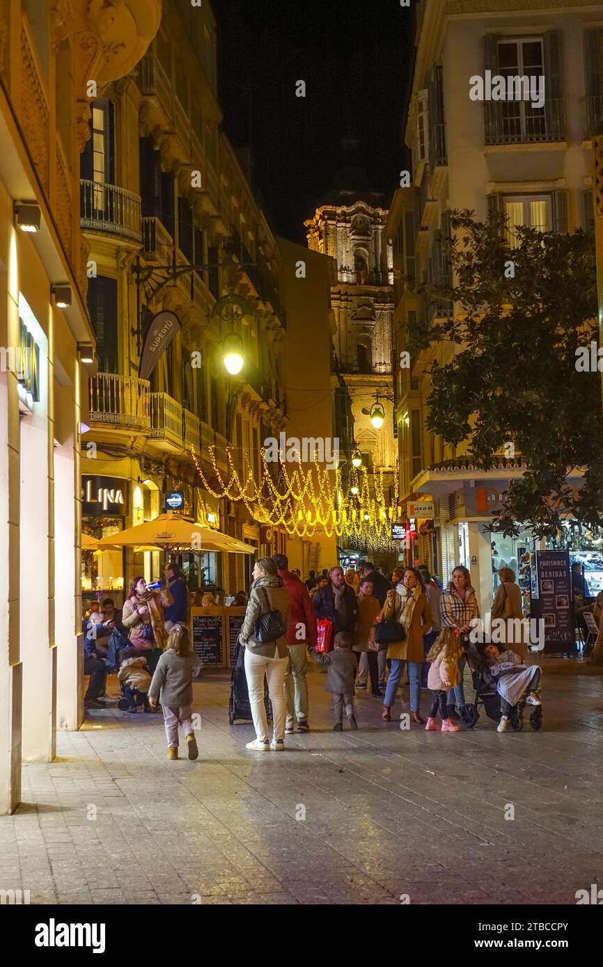 Rue animée à Malaga la nuit pendant la saison de Noël, Andalousie, Espagne. Banque D'Images