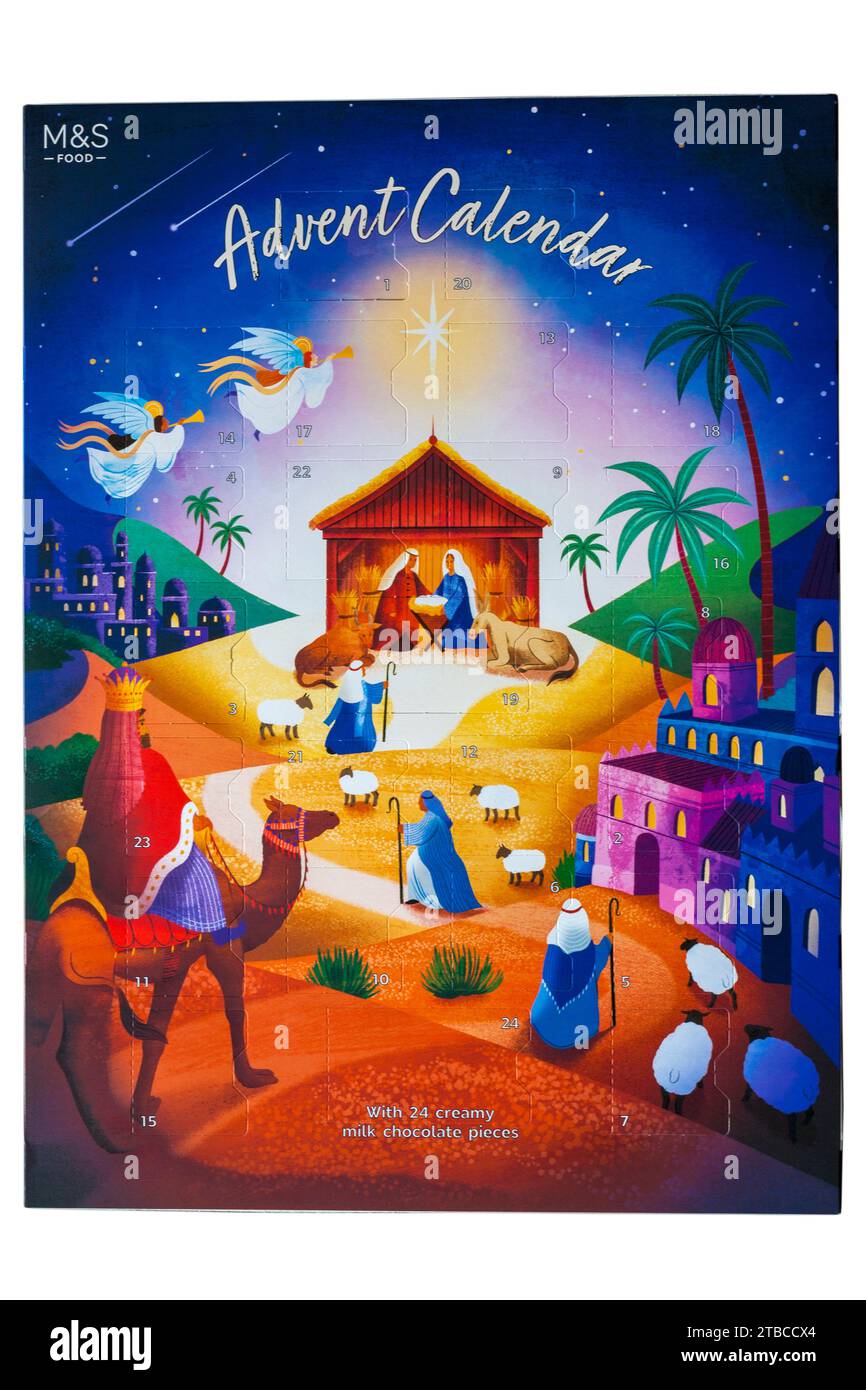 M&S Calendrier de l'Avent Nativité - 24 formes fête du chocolat au lait avec une nativité histoire derrière chaque fenêtre, des chocolats Banque D'Images