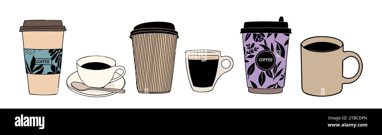 Ensemble de différents vecteurs de tasses à café isolés. Illustration de Vecteur