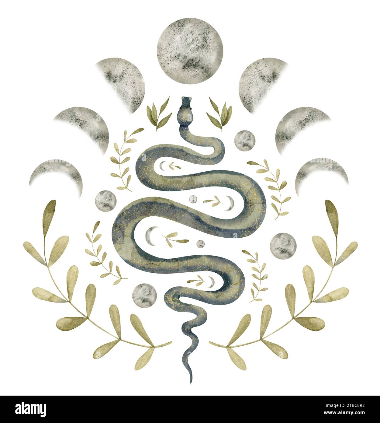 Serpent et symboles magiques Illustration aquarelle. Ensemble de cliparts dessiné à la main de serpent et signe ésotérique sur fond isolé. Dessin de composition magique céleste pour estampes. Viper et croquis de lune. Banque D'Images