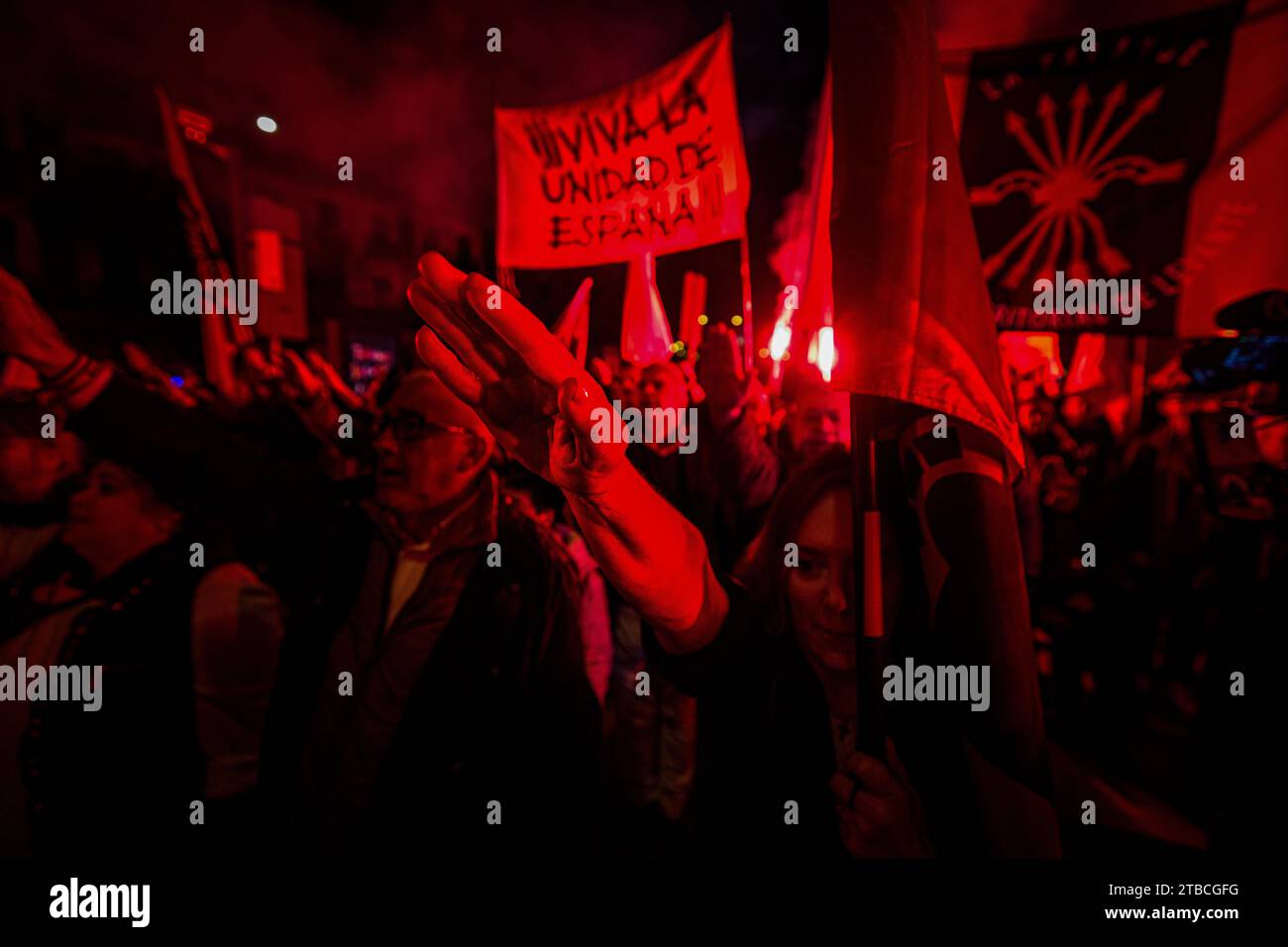 Madrid, Espagne. 18 novembre 2023. Les militants Falange exécutent le salut fasciste tout en chantant l'hymne du groupe 'Cara el sol' pendant la manifestation. Les partis de droite et d'extrême droite partisans du Partido Popular, Vox et d'autres organisations se sont rassemblés sur la place Cibeles pour manifester contre le gouvernement du Parti socialiste et l'amnistie des accusés de sédition pour les politiciens du mouvement indépendantiste catalan. (Photo Axel Miranda/SOPA Images/Sipa USA) crédit : SIPA USA/Alamy Live News Banque D'Images