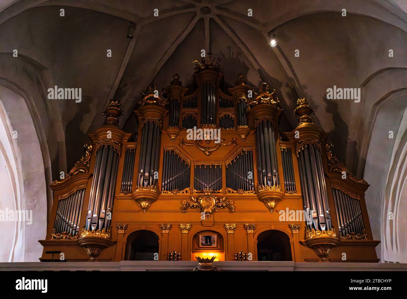 Empore und Orgel, Dom zu Växjö, Smaland, Kronobergs län, Schweden. Banque D'Images