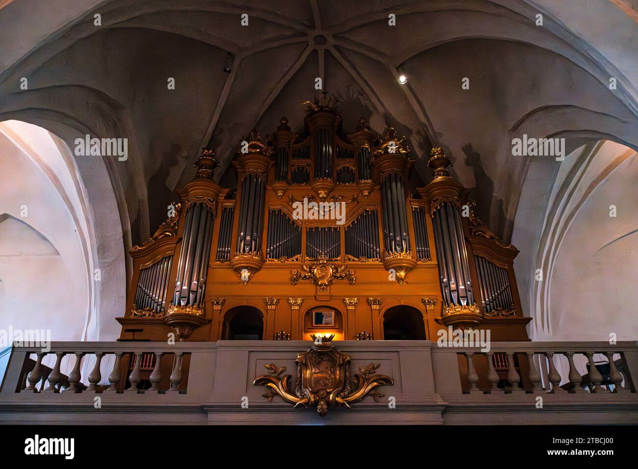 Empore und Orgel, Dom zu Växjö, Smaland, Kronobergs län, Schweden. Banque D'Images