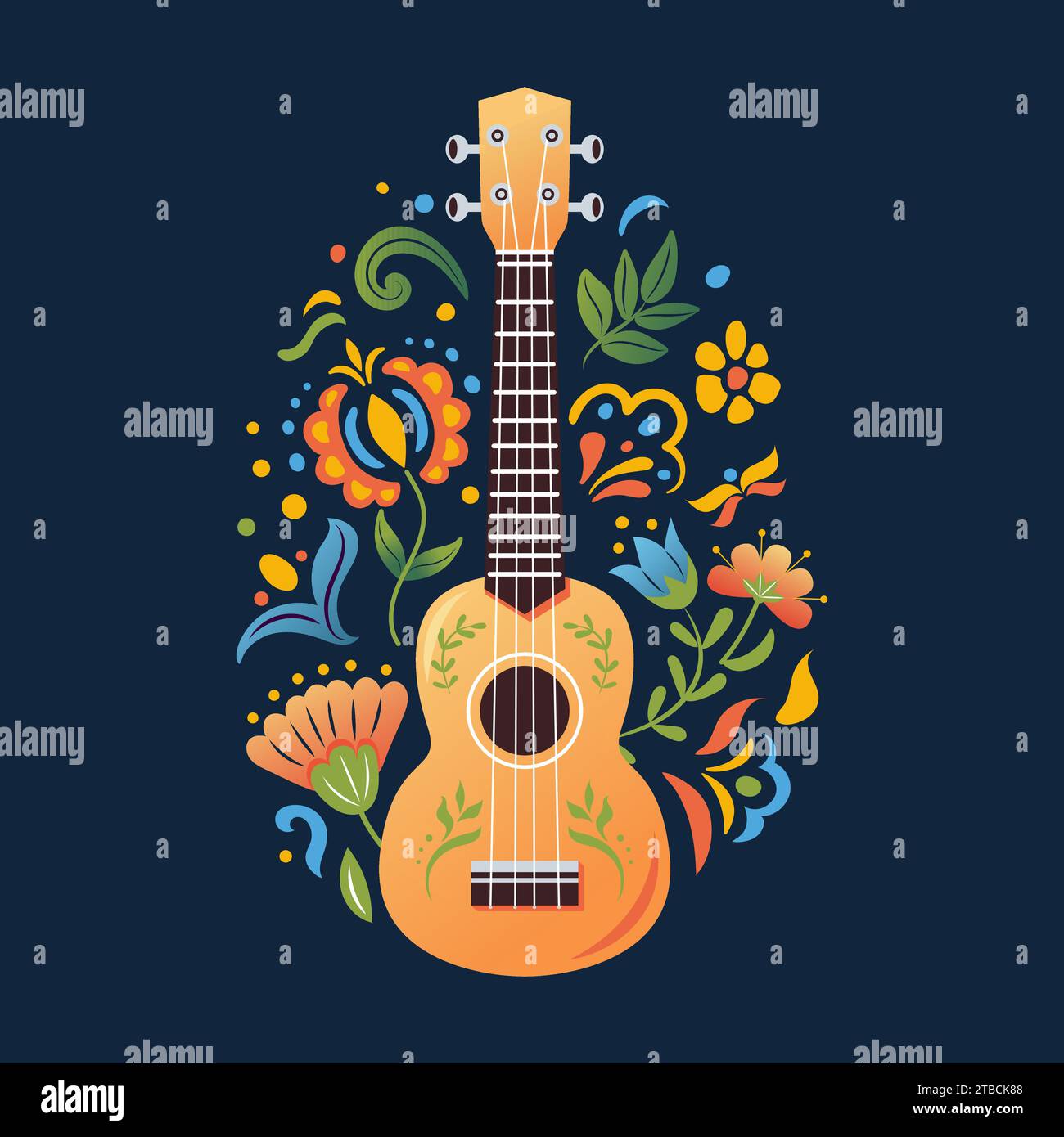 Guitare soprano hawaïenne ukulele à quatre cordes. Fleurs folkloriques mexicaines ou slaves. Style dessin animé. Petite guitare, instrument de musique à cordes. pour affiche, t-shirt Illustration de Vecteur
