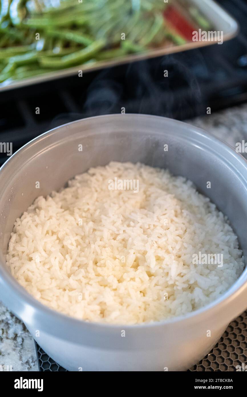 Calrose Rice Delight : cuisson sans effort dans un cuiseur à riz Banque D'Images Calrose Rice Delight : cuisson sans effort dans un cuiseur à riz Banque D'Images