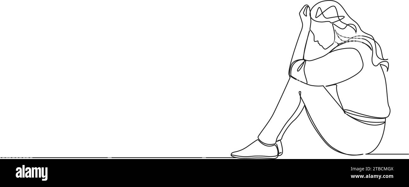 dessin continu d'une seule ligne de femme inquiète réfléchie assise sur le sol tenant sa tête, illustration vectorielle d'art au trait Illustration de Vecteur