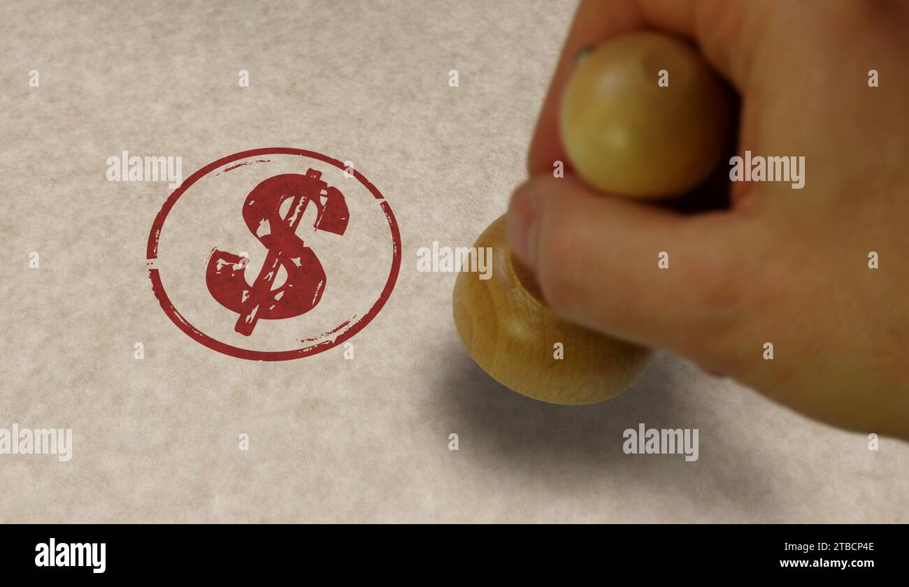 Timbre de symbole dollar et main d'estampage. USD american Money USA signe concept. Banque D'Images