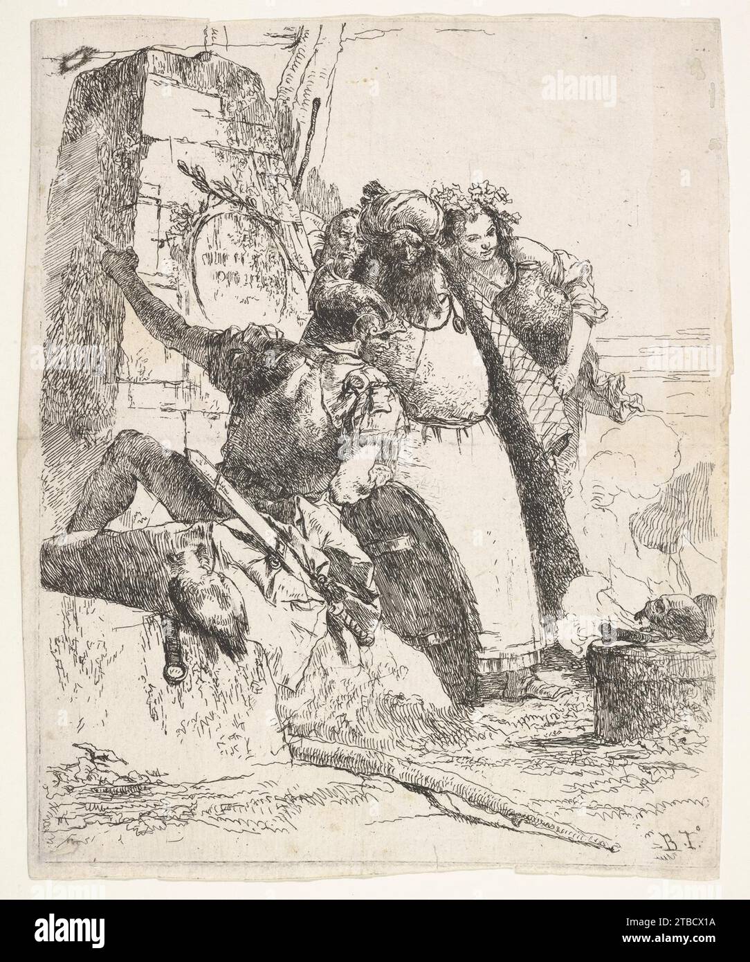 Une scène de nécromancie: une femme portant un vaisseau, un homme tourmenté, et un soldat regardent vers un piédestal sur lequel un crâne et un os de membre brûlent, le visage d'un homme barbu est visible derrière le groupe, de la série 'Turns of Fantasy' (Scherzi di fantasia) 2012 de Giovanni Battista Tiepolo Banque D'Images