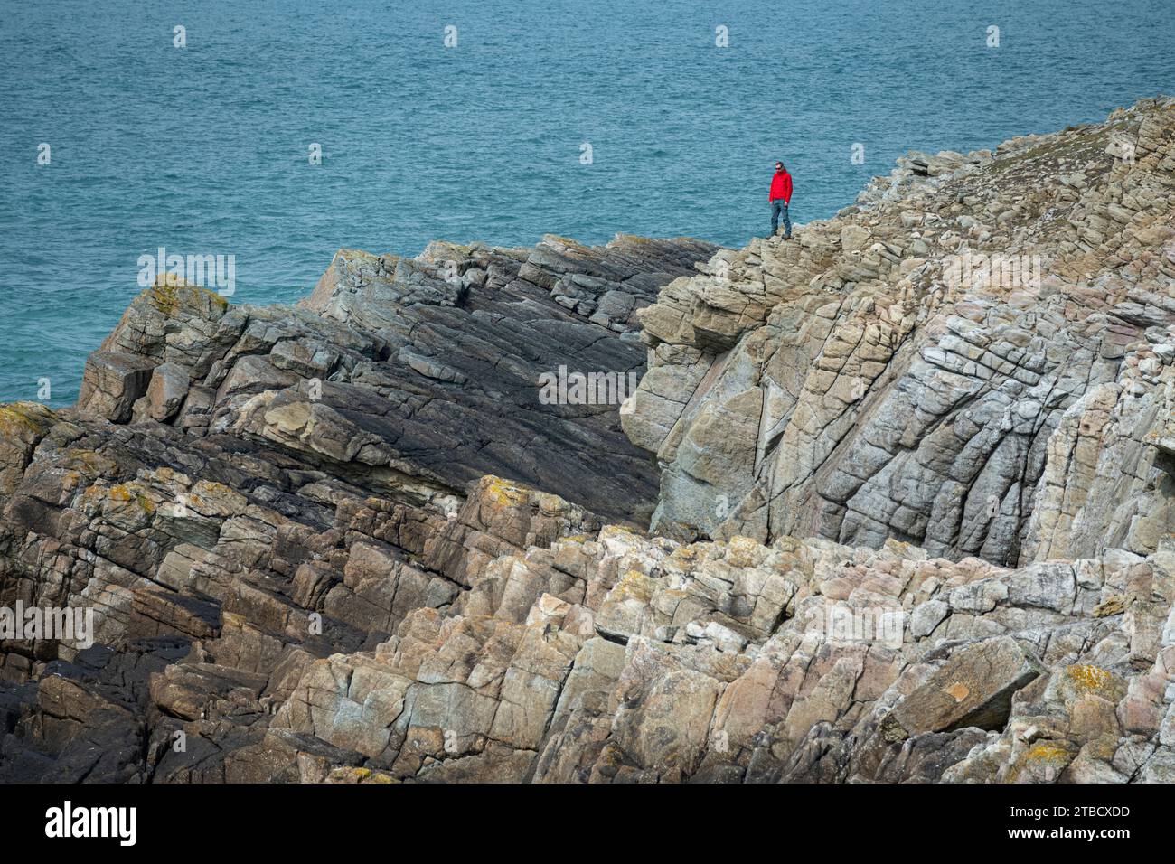 L'homme se tenait sur les falaises de la côte rocheuse près de Rhocolyn sur le chemin de la côte du pays de Galles, Anglesey, au nord du pays de Galles Banque D'Images