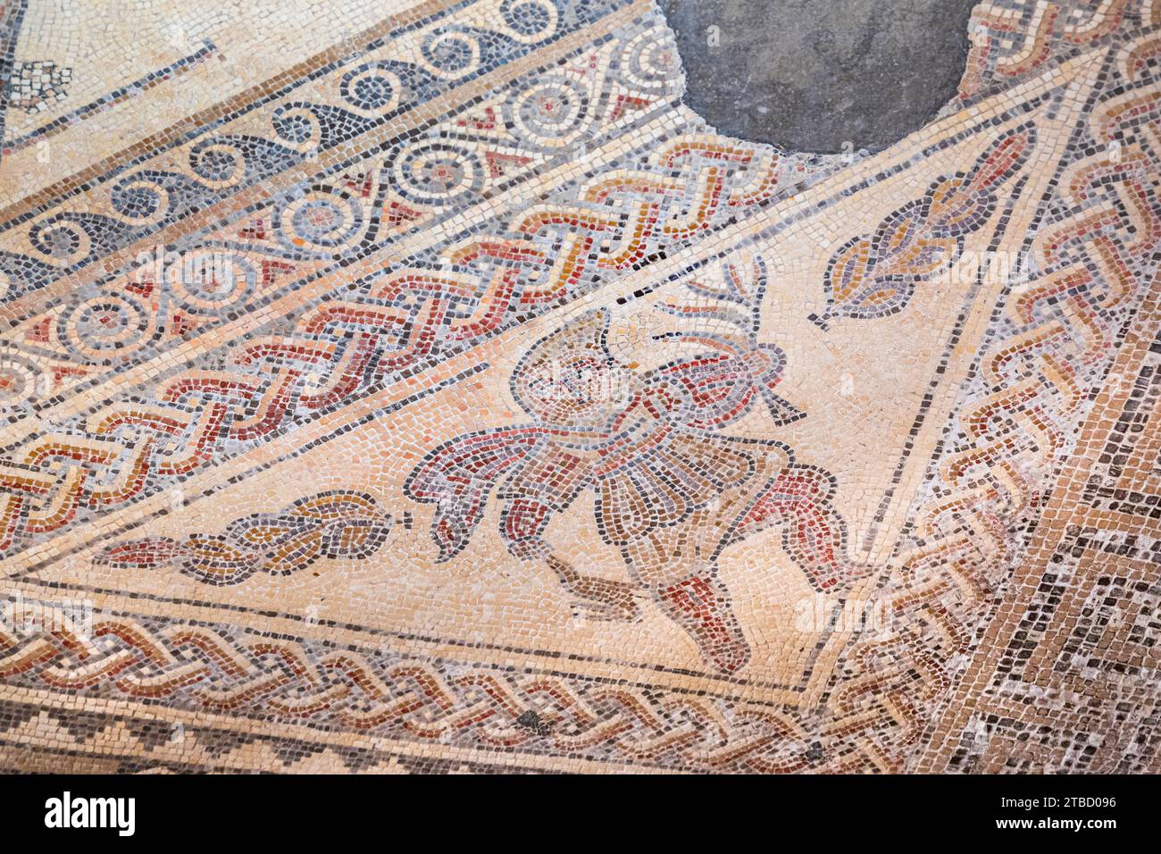 Mosaïque romaine représentant l'hiver à Chedworth Roman Villa près du village Cotswold de Yanworth, Gloucestershire, Angleterre Banque D'Images