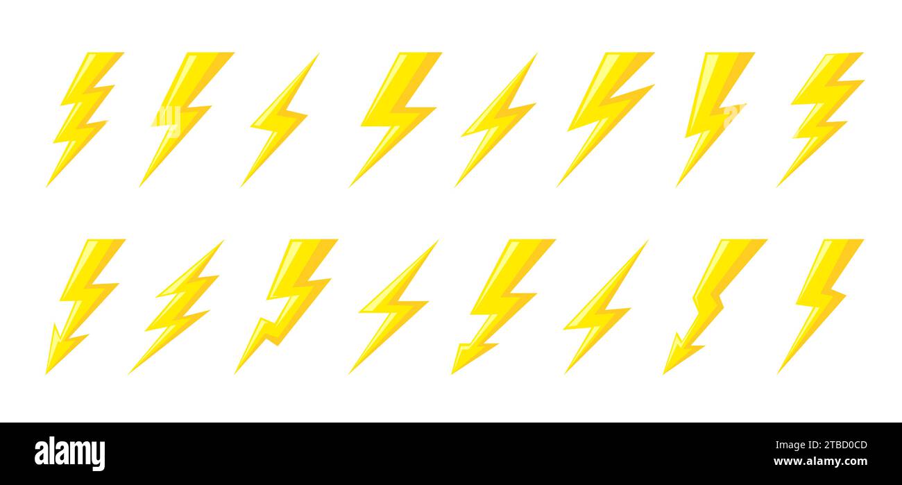 Signe comique électrique de foudre jaune de dessin animé. Symbole plat de la lampe torche. Concept de charge d'énergie. Pictogramme de tempête climatique météo de tension de danger. Jeu d'icônes Magic thunder Bolt de force Illustration de Vecteur