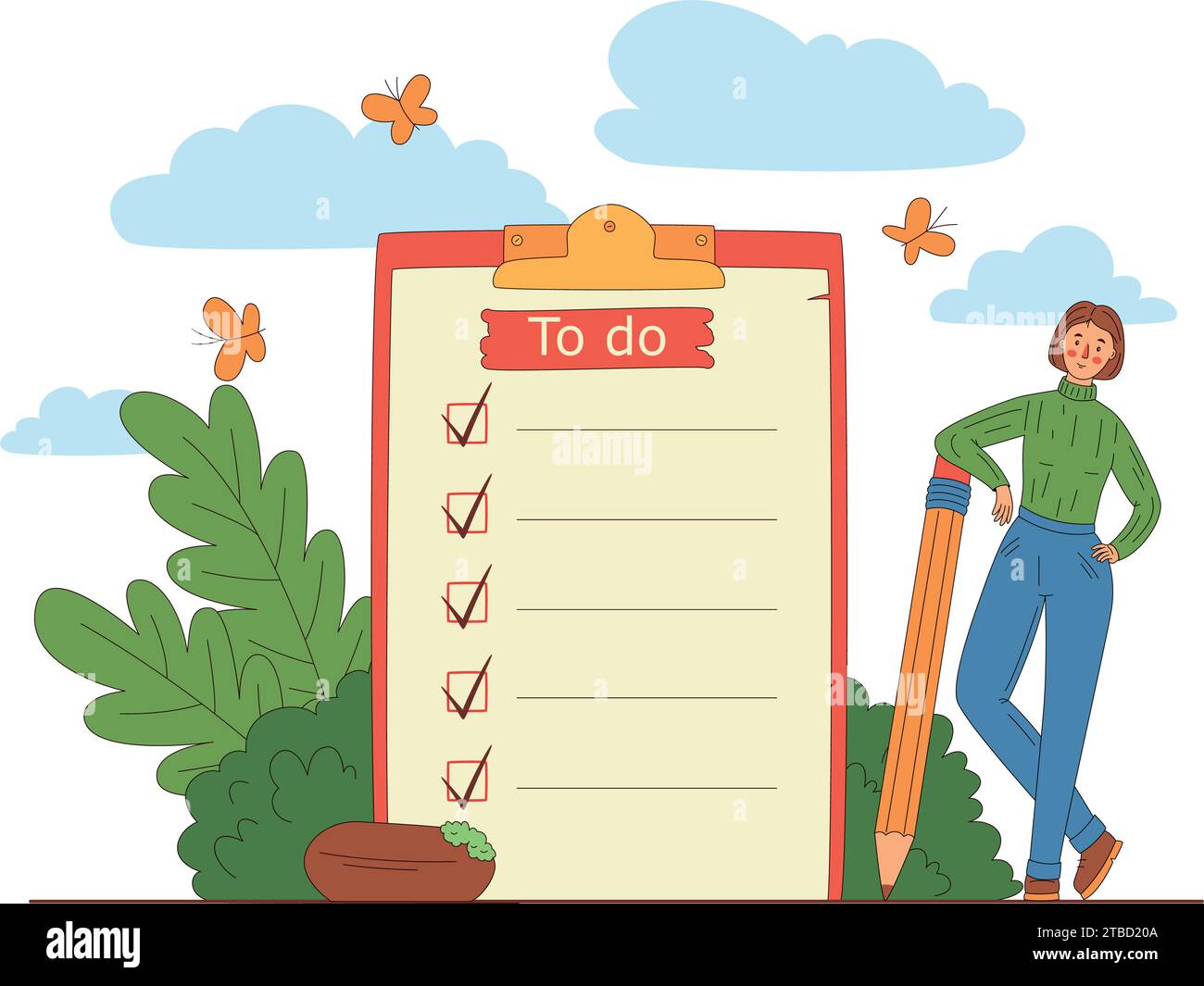 liste des tâches, gestion du temps. La femme se tient près de la grande liste de faire avec le crayon. Plan rempli Illustration de Vecteur