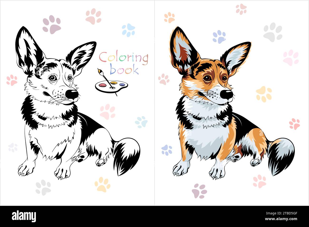 Vector Coloring Livre page 1 du chien Pembroke Welsh corgi race assis et souriant Illustration de Vecteur