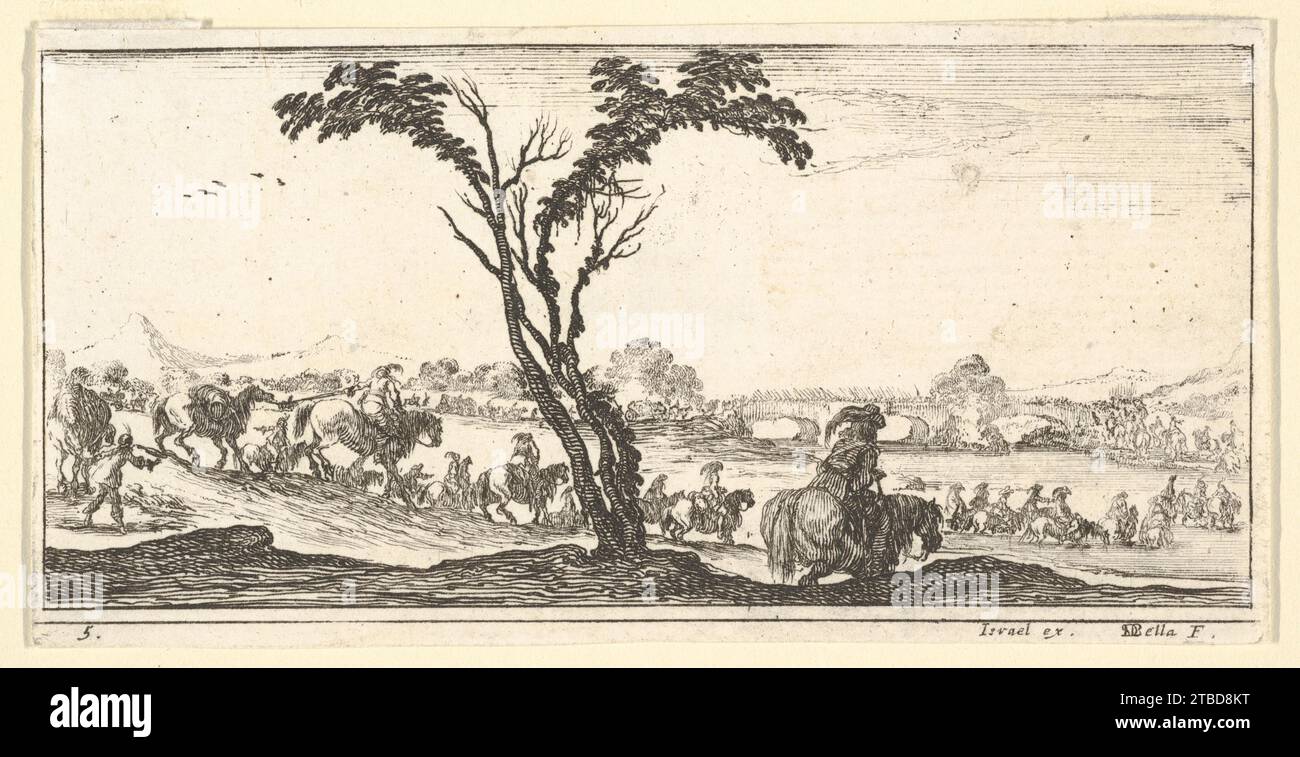 Planche 5 : une procession de cavaliers traversant une rivière, un arbre au centre, de «troupes, canons, et attaques sur les villes» (dessins de quelques conduites de troupes, canons, et ataques de villes) 2012 par Stefano della Bella Banque D'Images